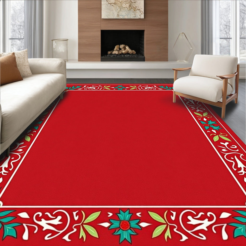 Red Holly Leaf Vine Border Design Rug
