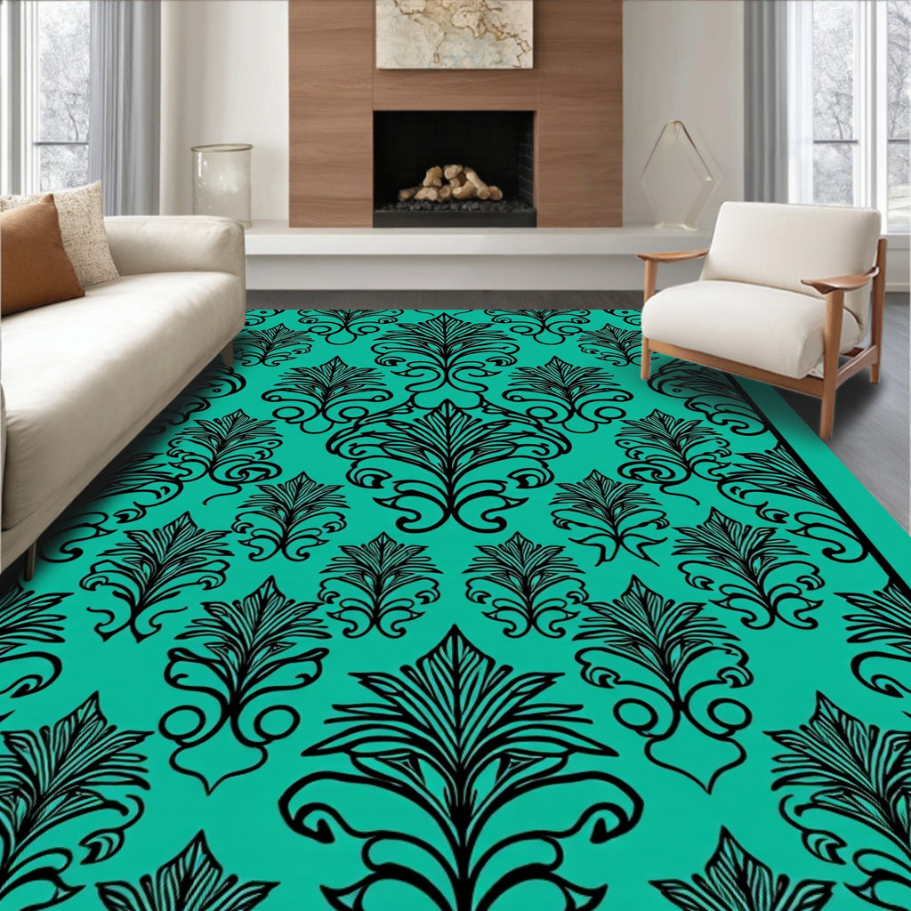 Damask Black On Teal Pattern Rug