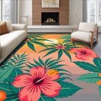 Tropical Leaf and Hibiscus Sunset Design Rug