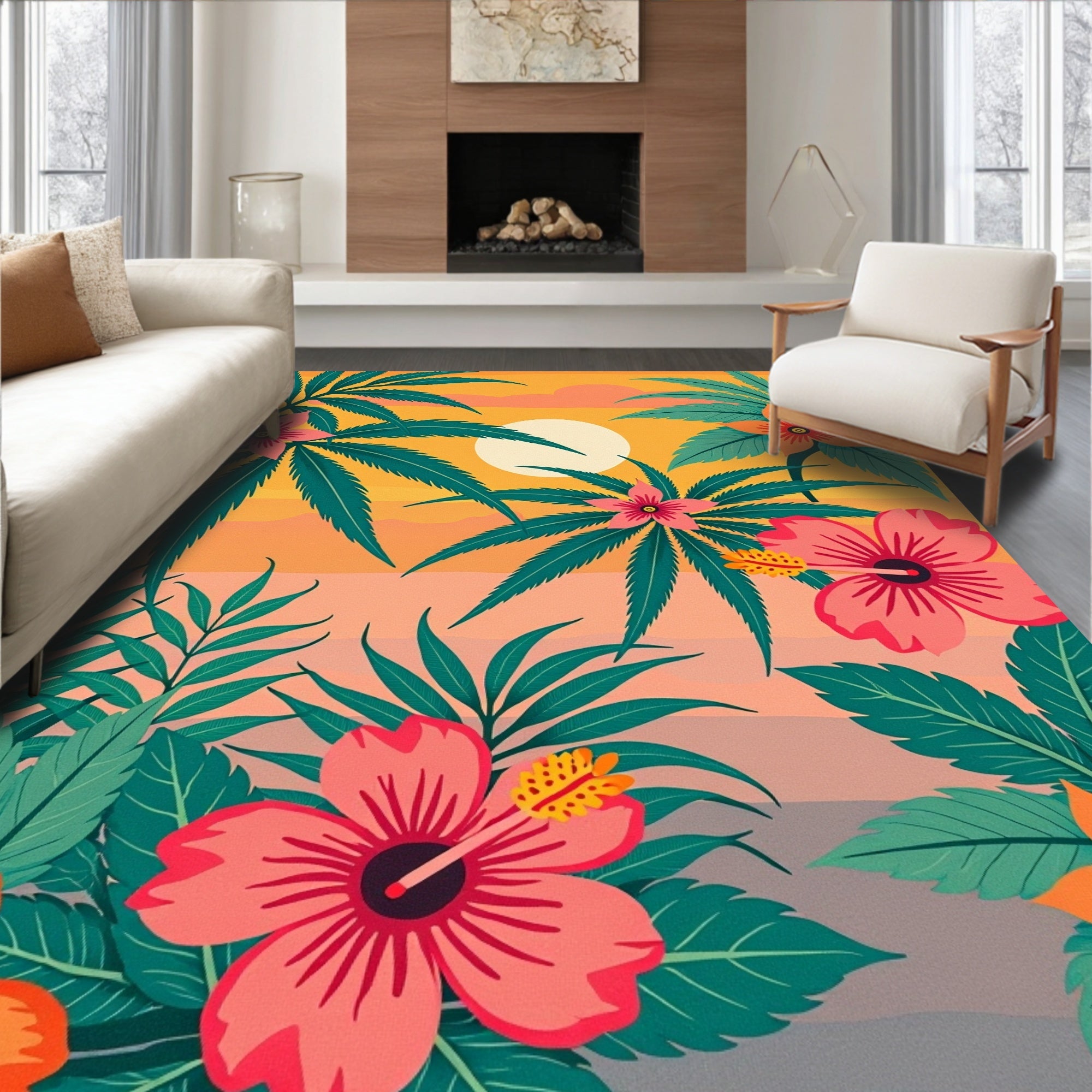 Tropical Leaf and Hibiscus Sunset Design Rug