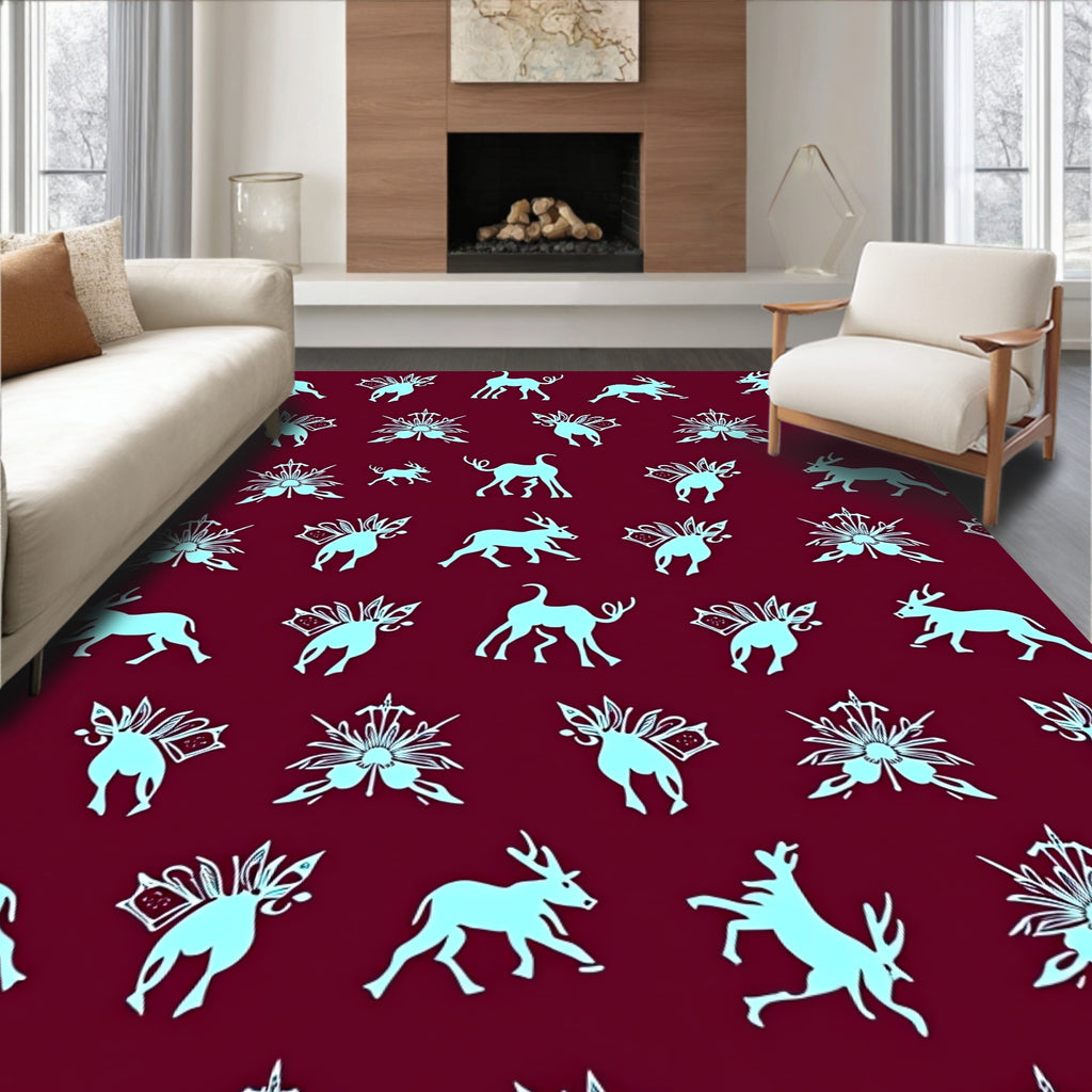 Light Blue Deer Floral Pattern Rug