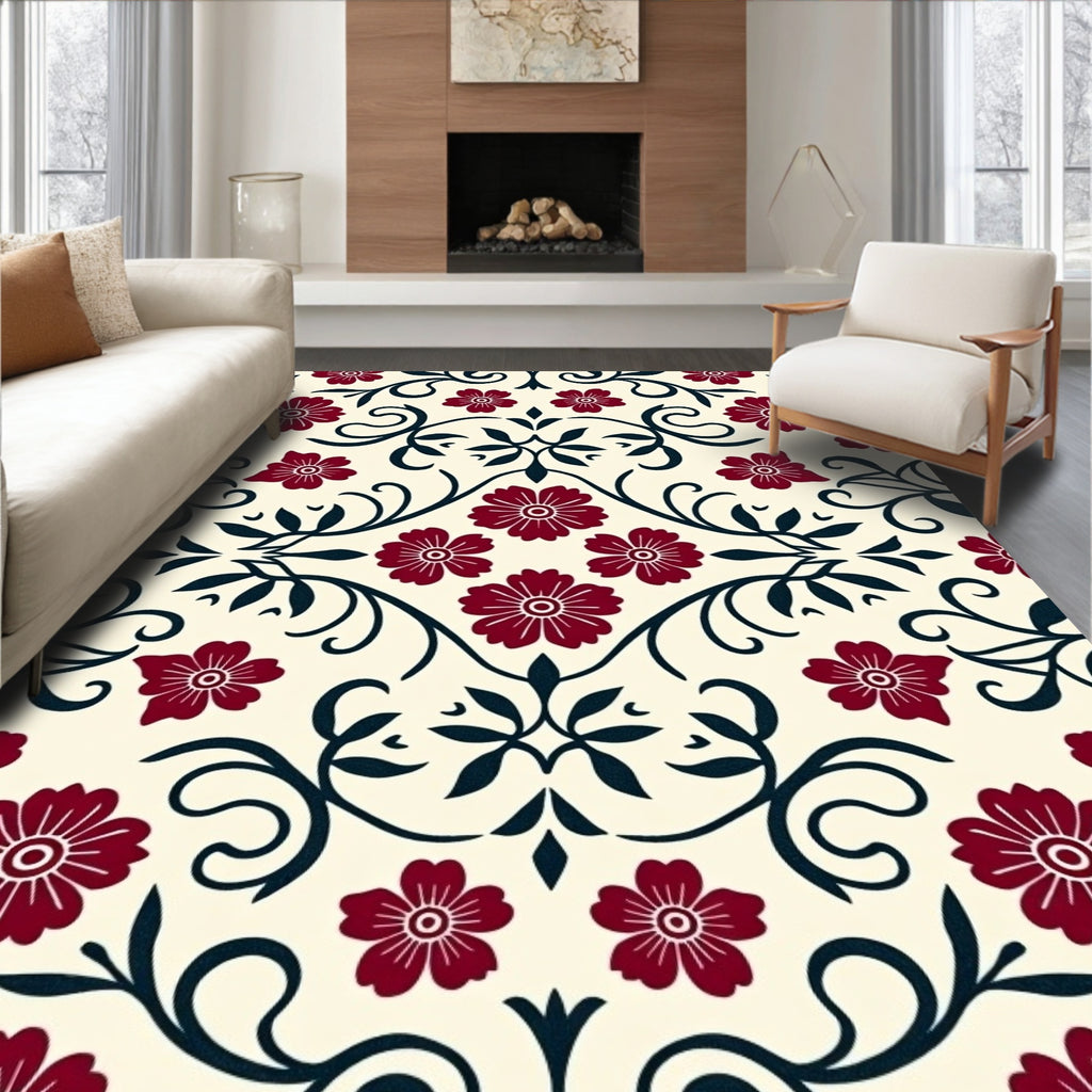 Dark Red Floral Scroll Pattern Rug