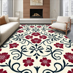 Dark Red Floral Scroll Pattern Rug