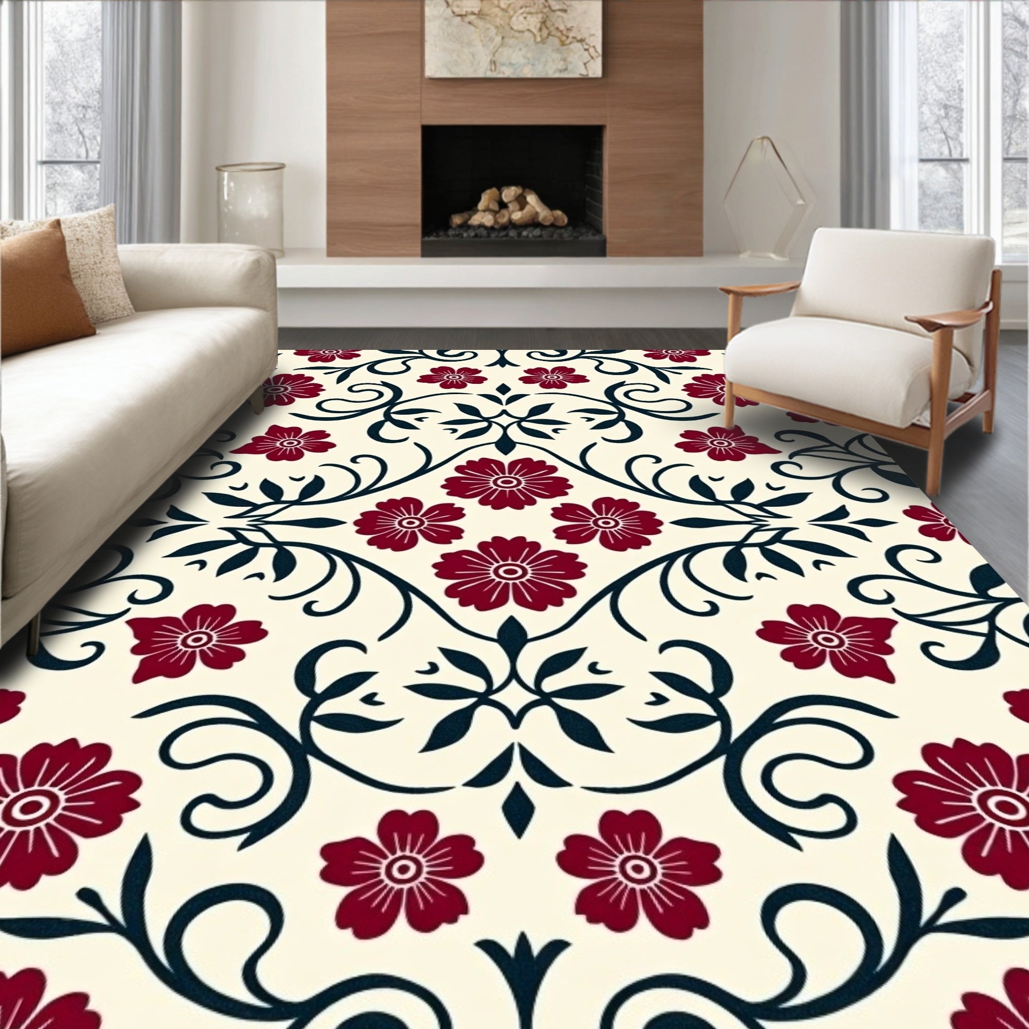 Dark Red Floral Scroll Pattern Rug