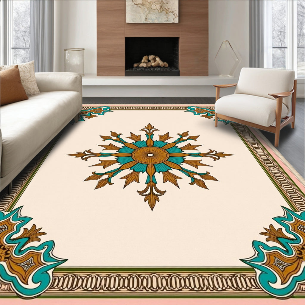Gold Teal Elaborate Medallion Corner Rug