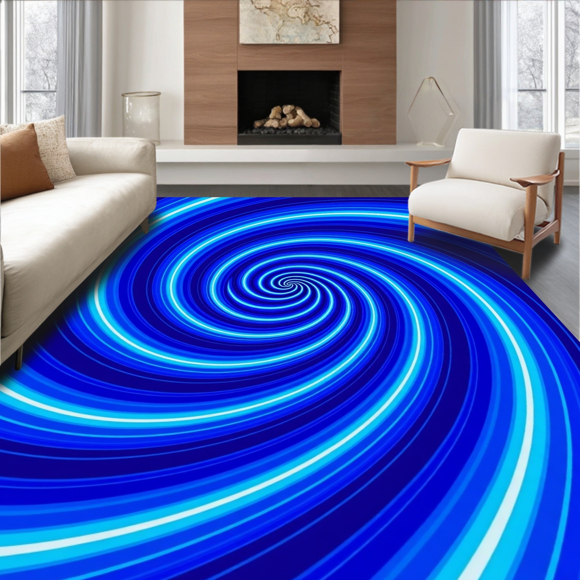 Deep Blue Swirling Spiral Pattern Rug