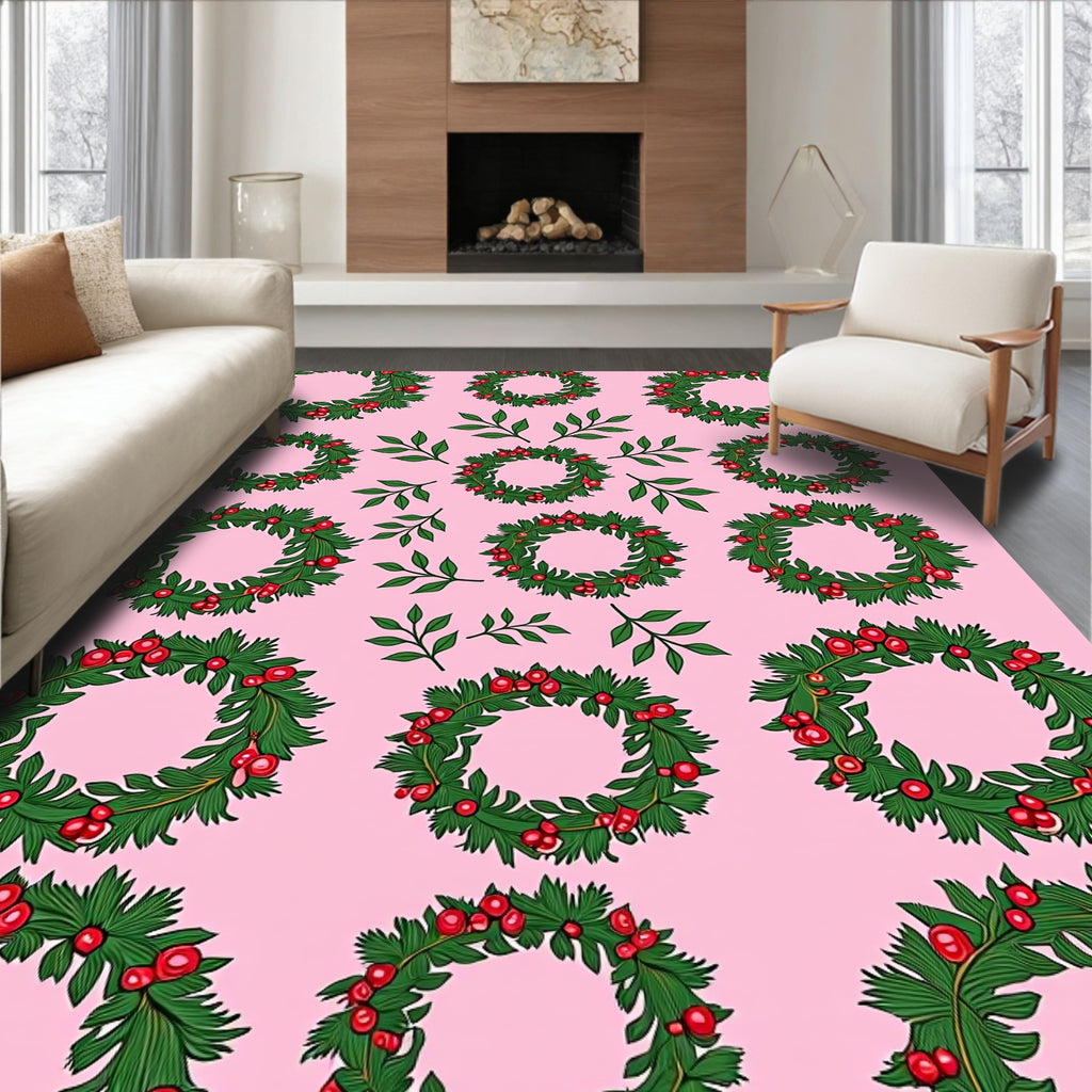 Festive Wreaths with Red Berries Pattern Rug