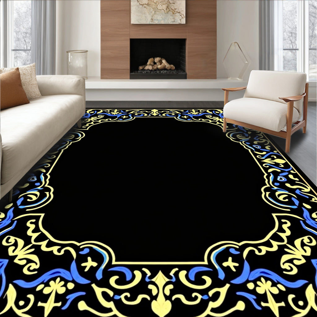 Elegant Blue Yellow Floral Border Design Rug