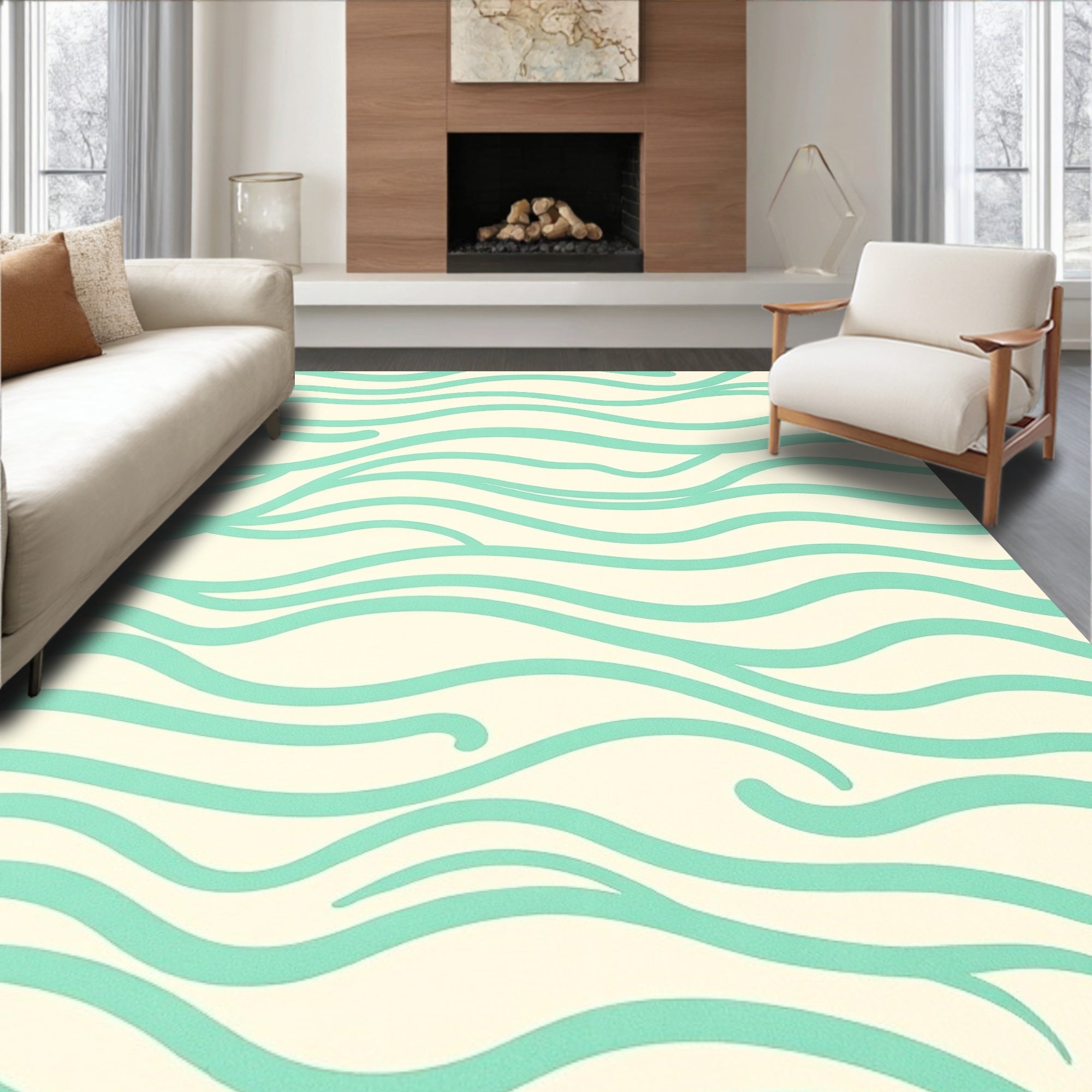 Aqua Wavy Smooth Lines Design Rug