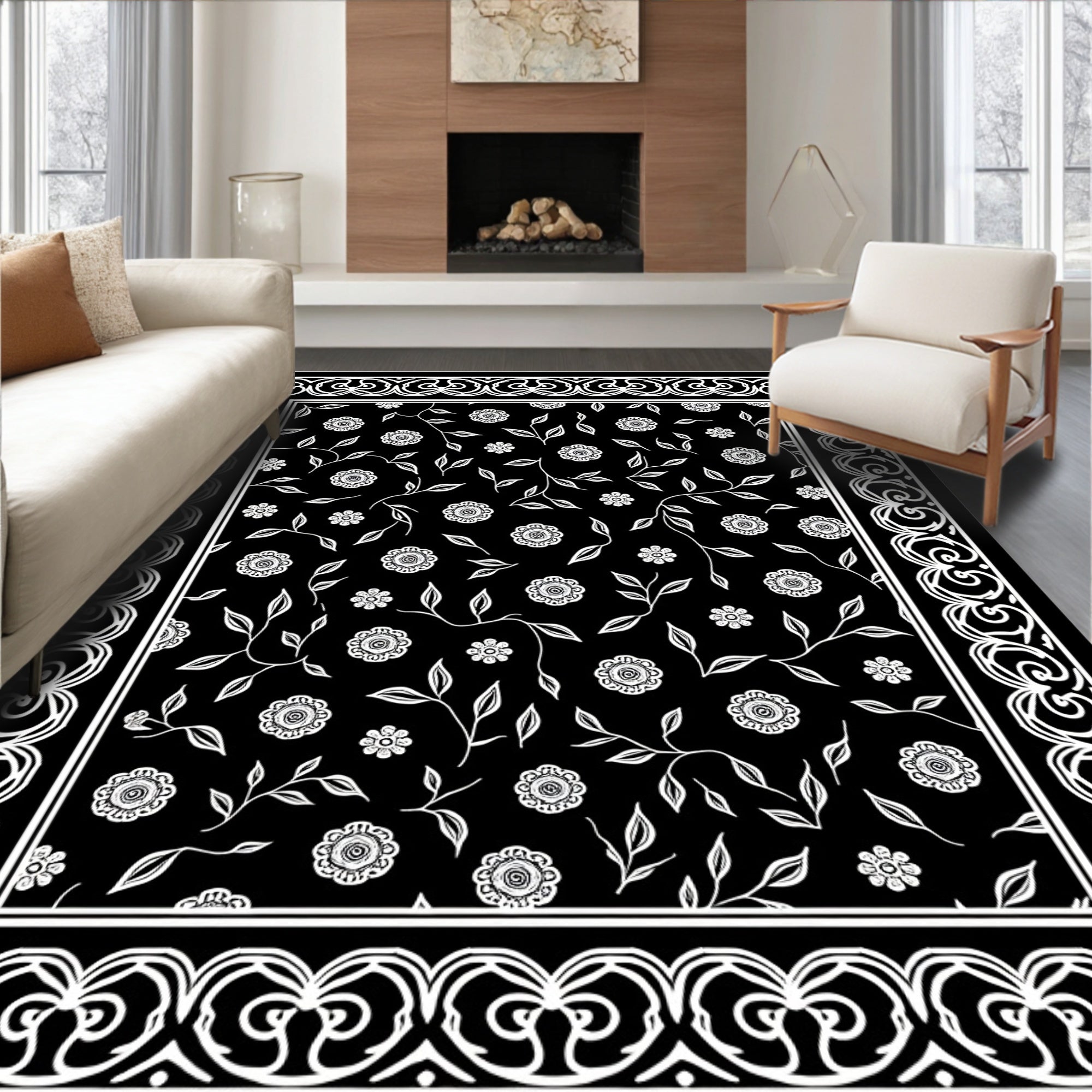 Floral Vine Border with Black Background Rug