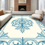 Intricate Blue Scrollwork Floral Pattern Rug