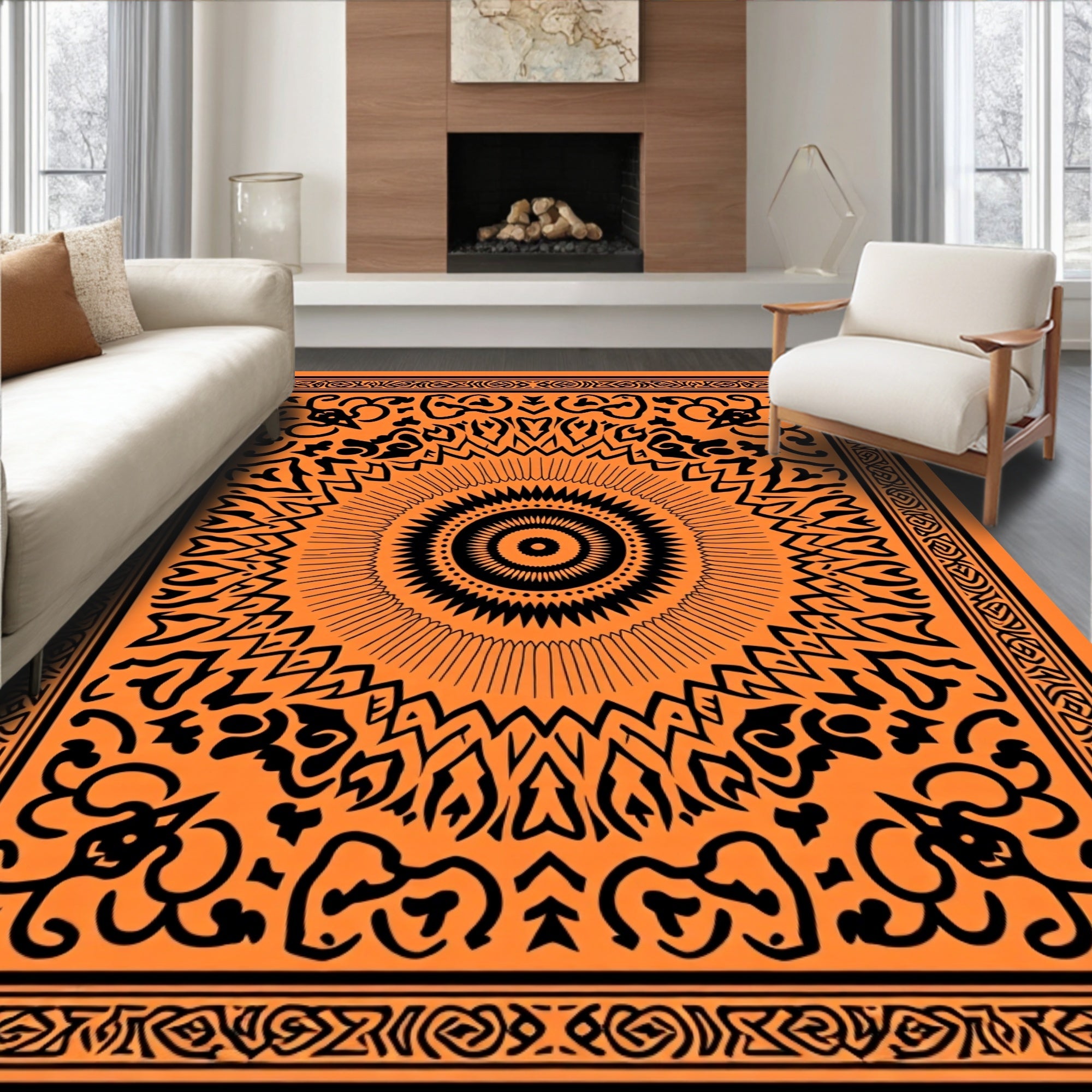 Bold Orange Black Sunburst Design Rug