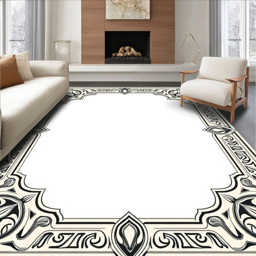 Elegant Black Floral Scrollwork Frame Rug