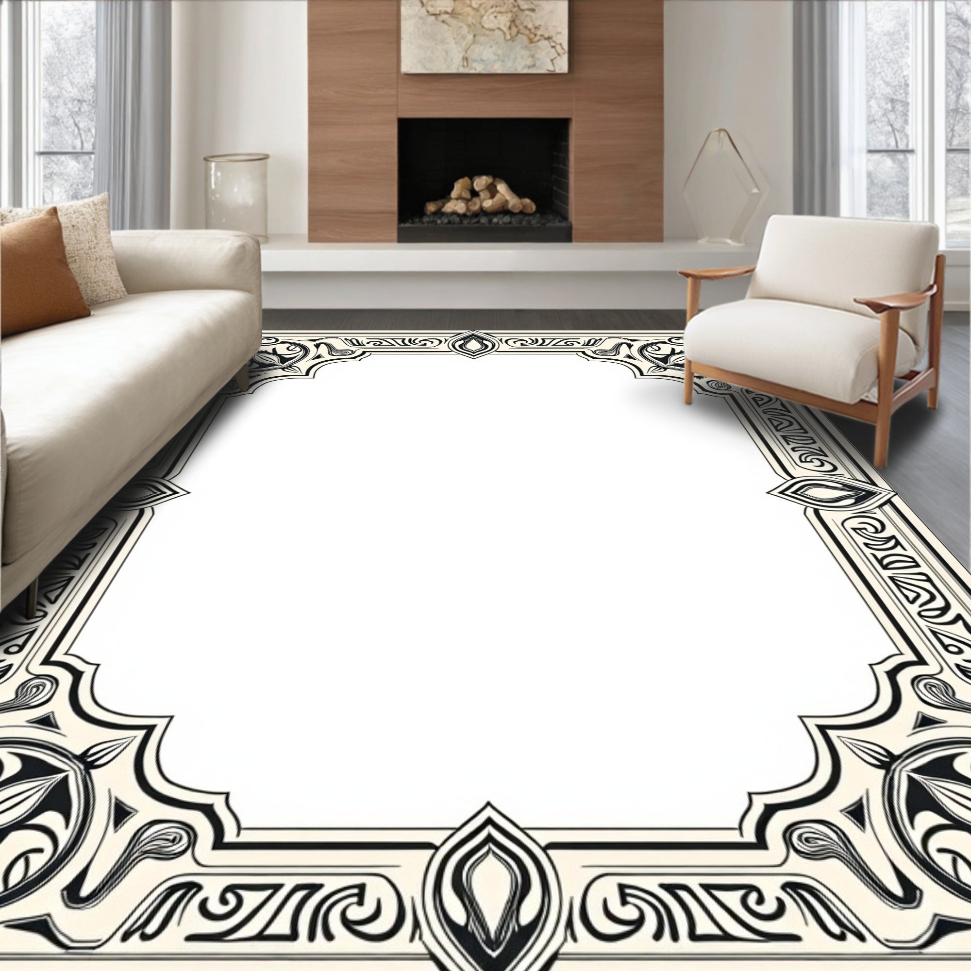 Elegant Black Floral Scrollwork Frame Rug
