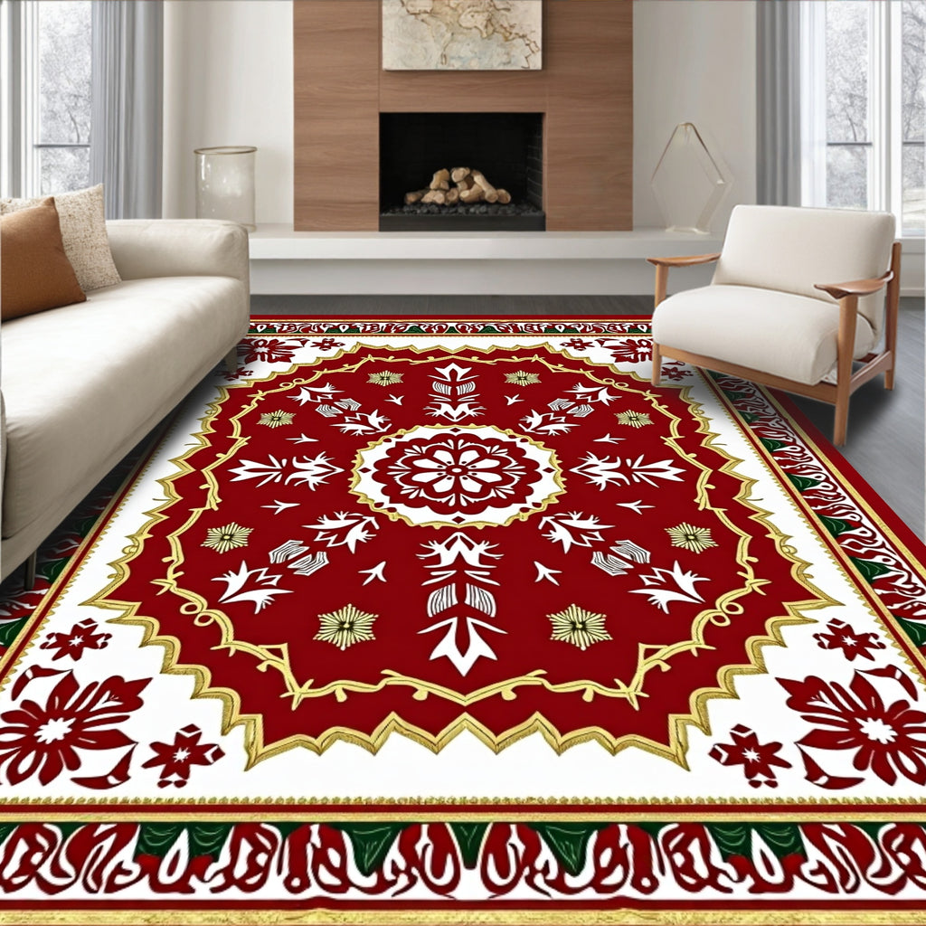 Elegant Red White Floral Medallion Rug