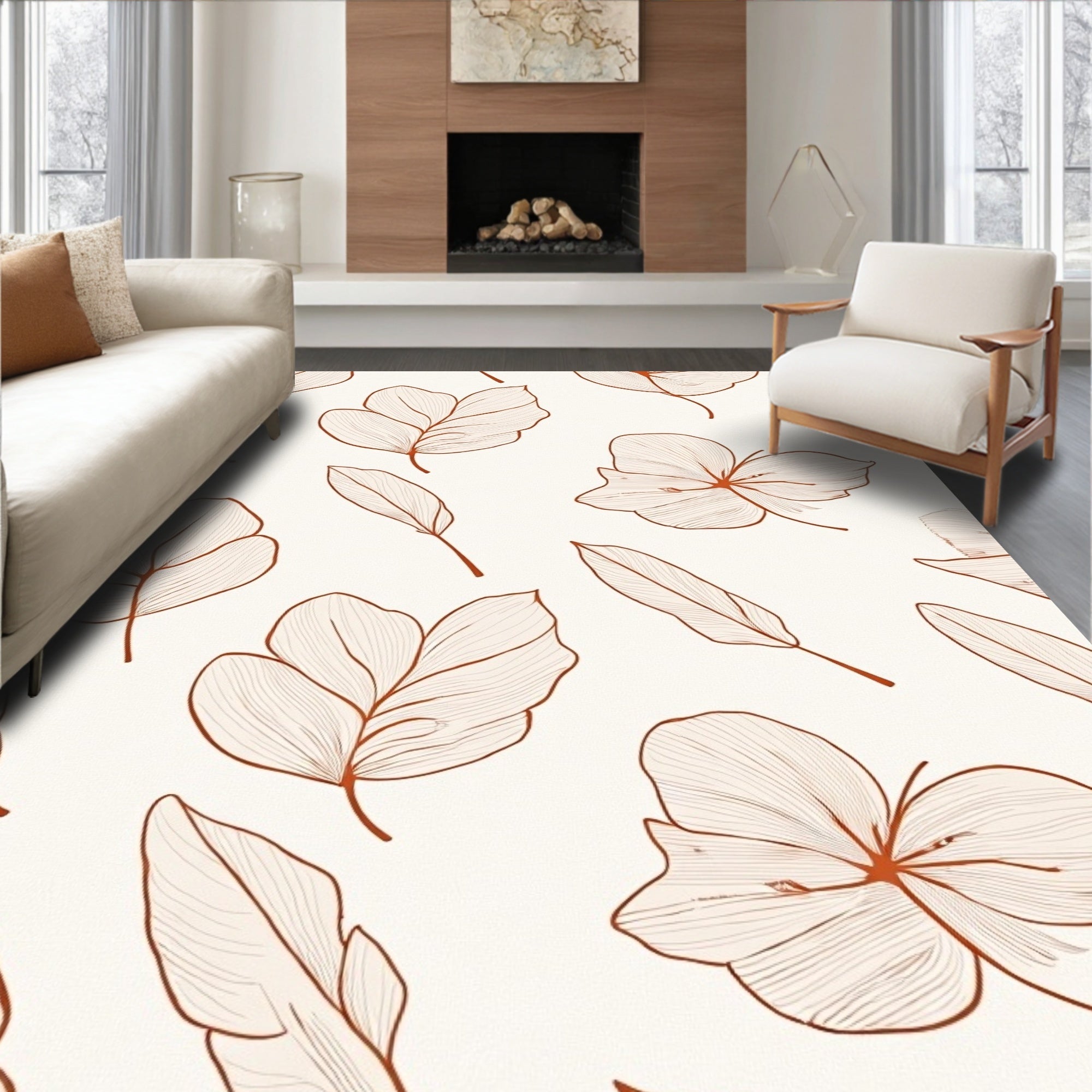 Botanical Line Art Organic Leaves Rug
