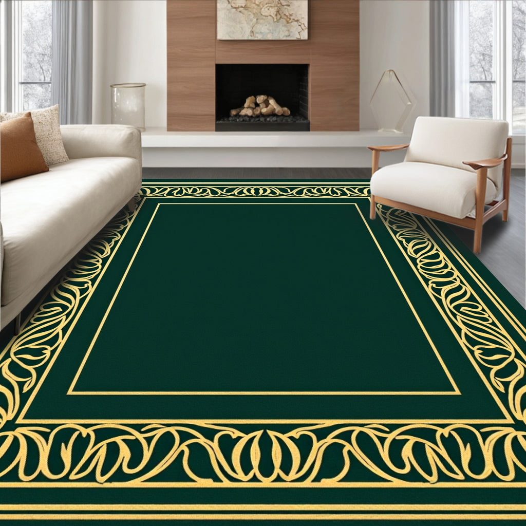 Emerald Green Golden Floral Border Rug