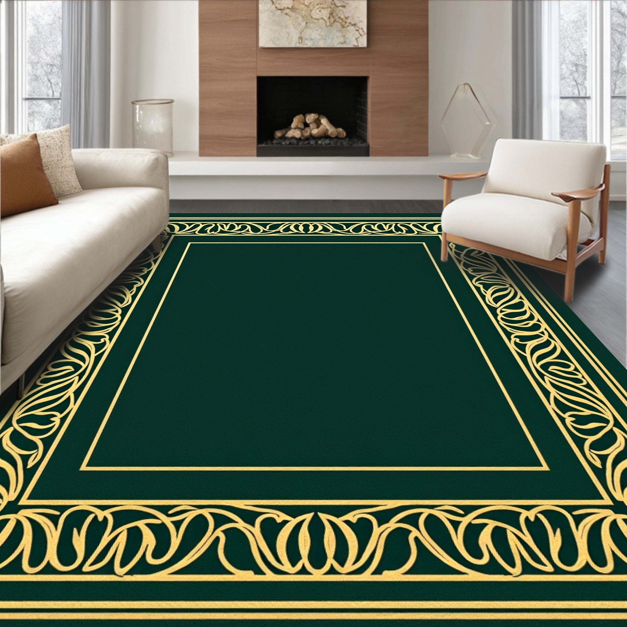 Emerald Green Golden Floral Border Rug