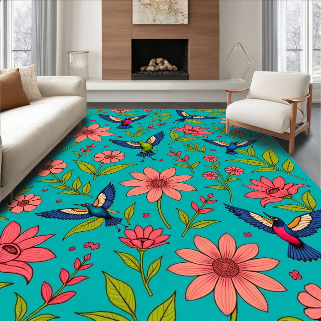 Vibrant Birds Floral Pattern Rug