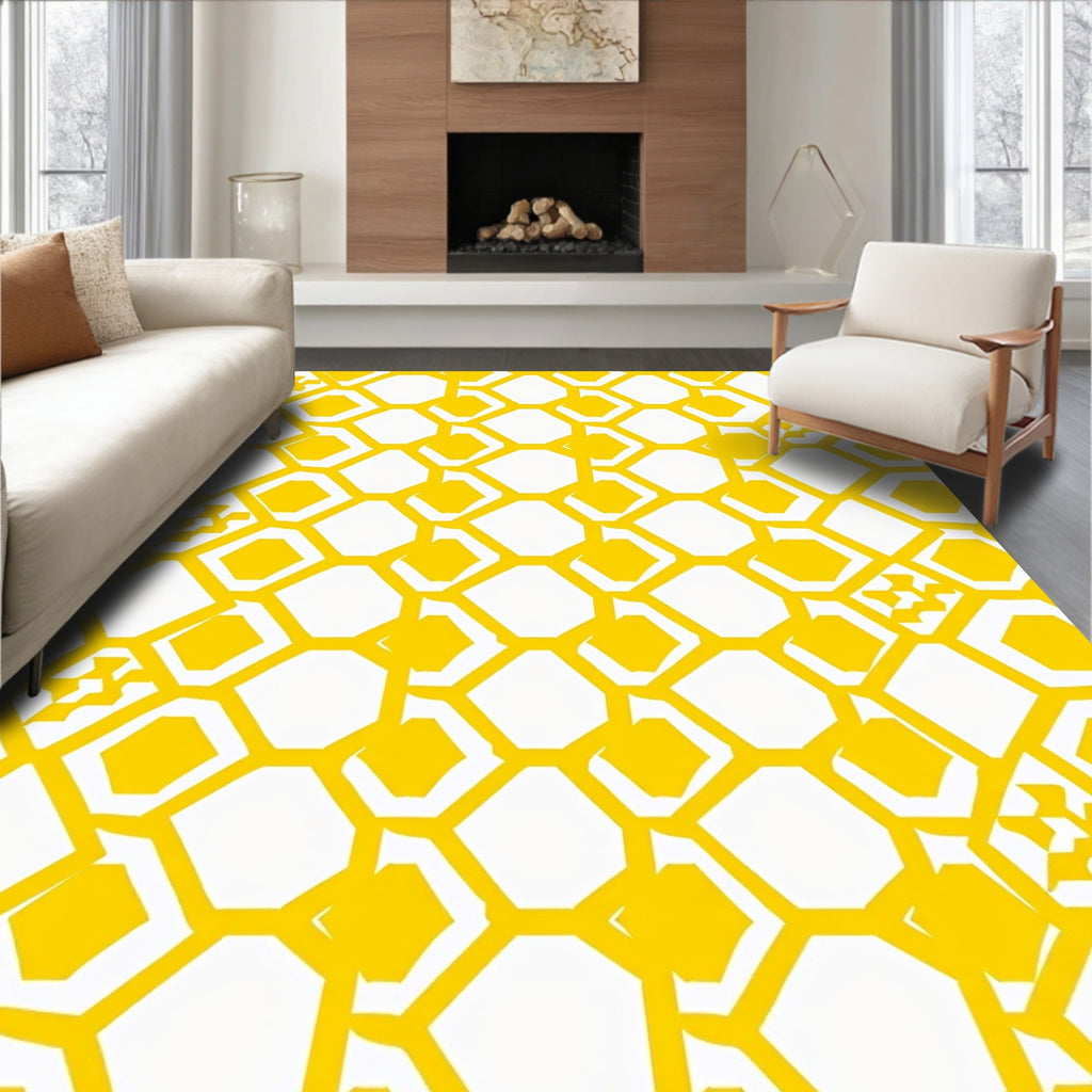Yellow Hexagonal Grid Contemporary Design Rug