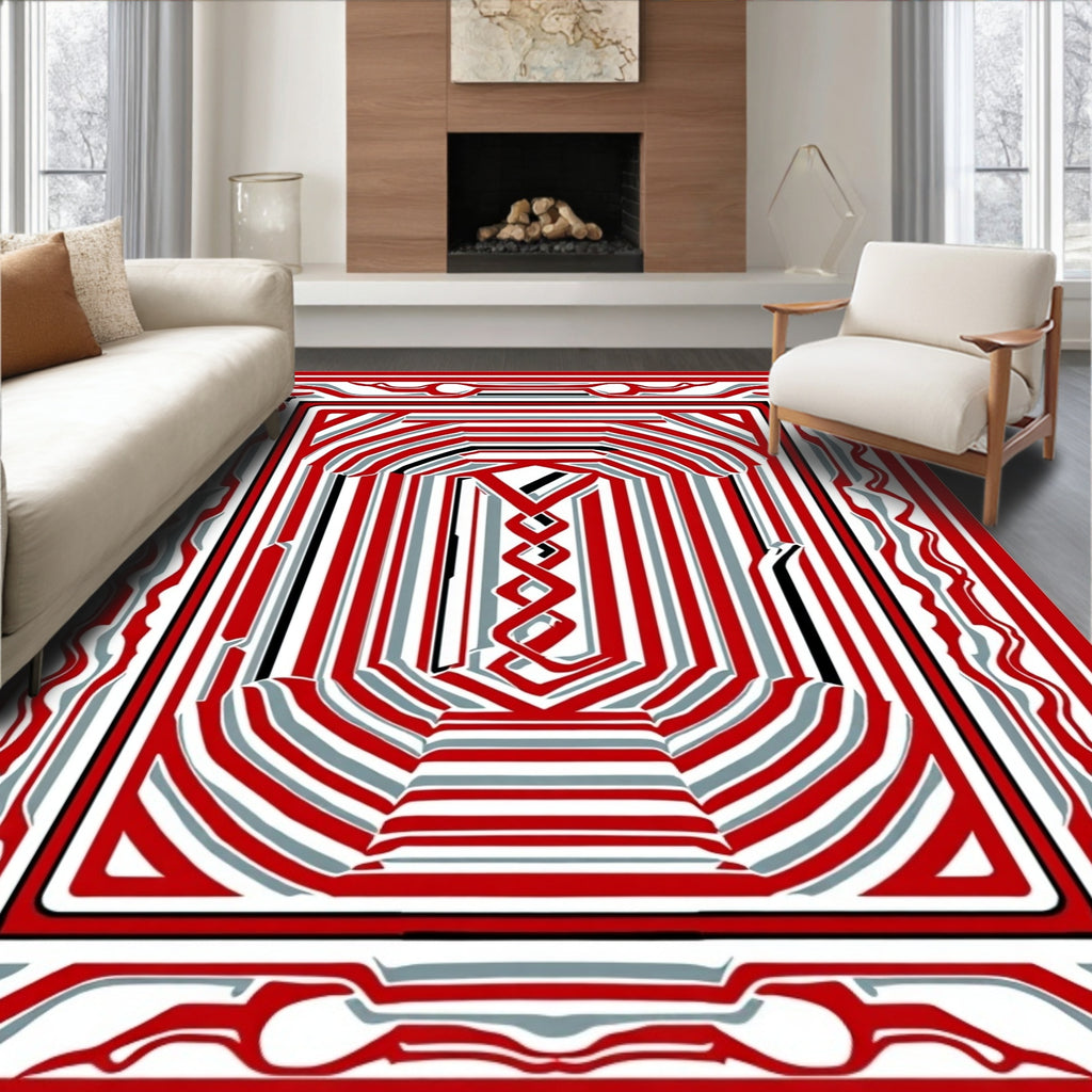 Red Stripped Abstract Geometric Design Rug