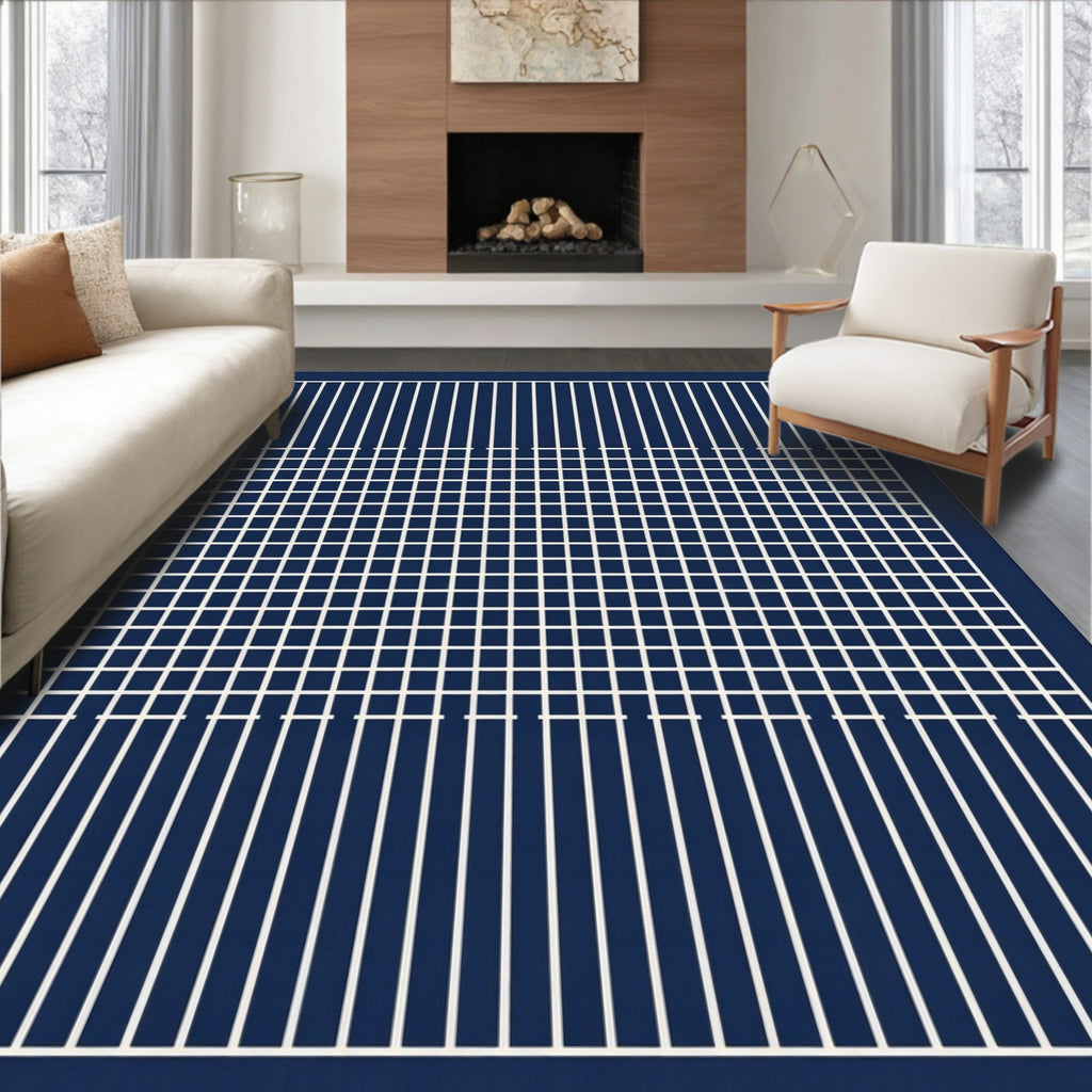 Deep Blue Grid Modern Geometric Rug