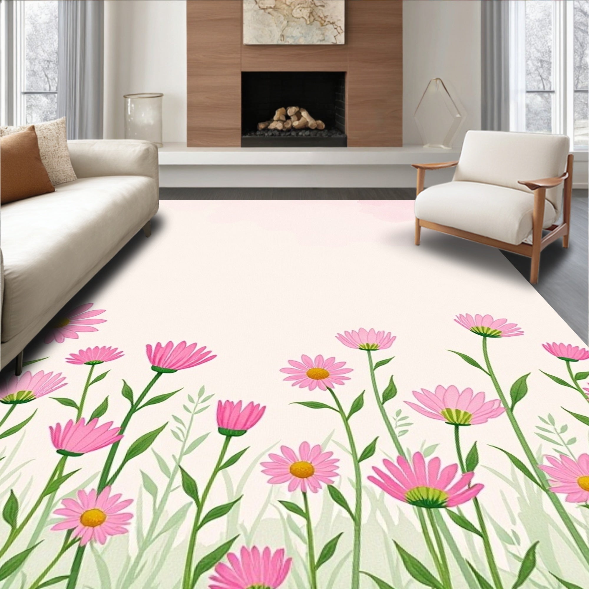 Pink Daisy Meadow Field of Flowers Rug