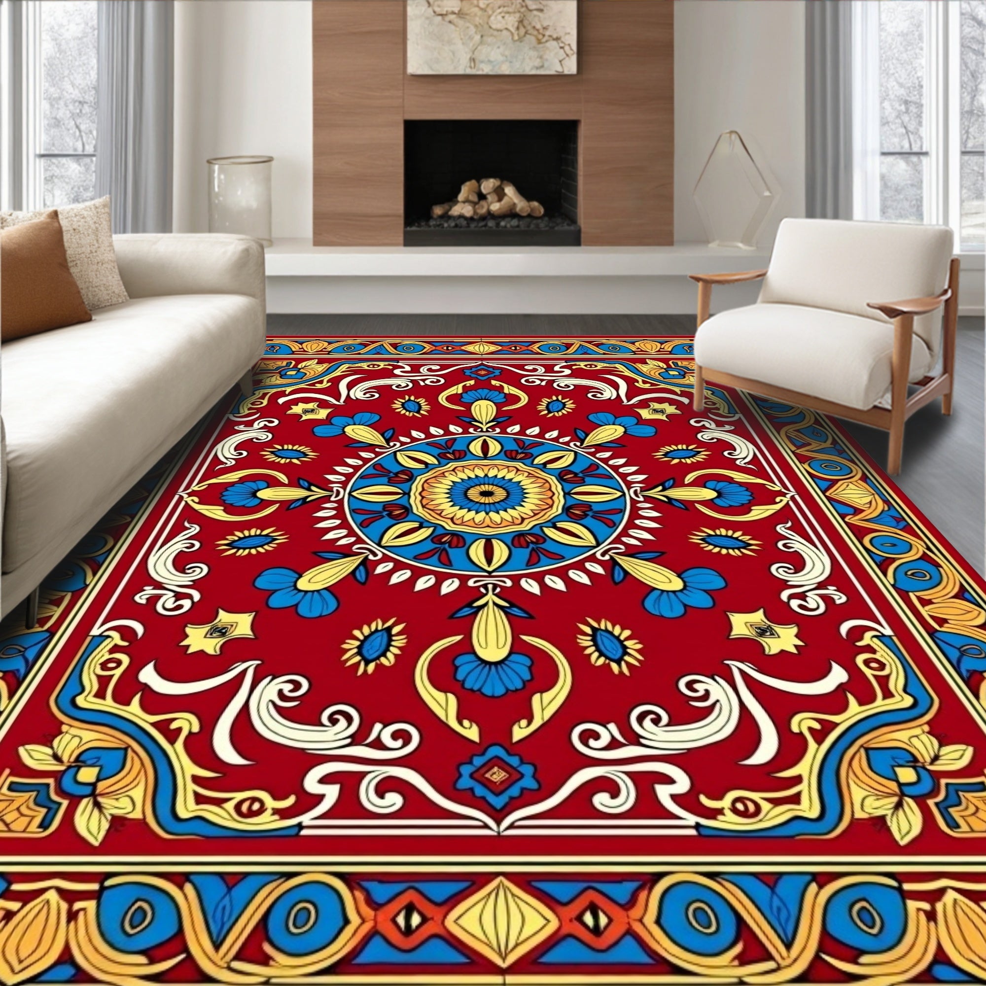 Vibrant Red Floral Medallion Pattern Rug