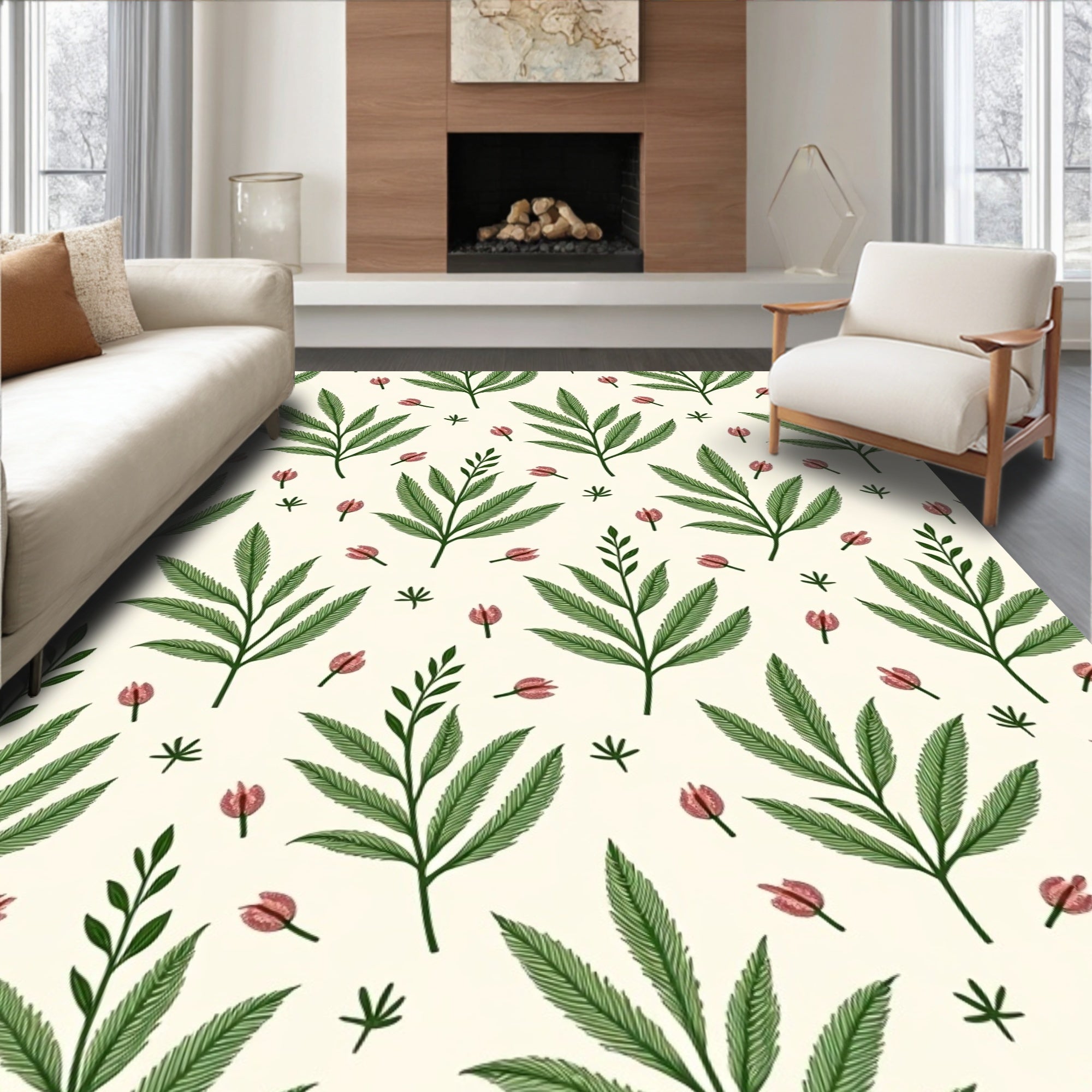 Green Leaf and Pink Bud Pattern Rug