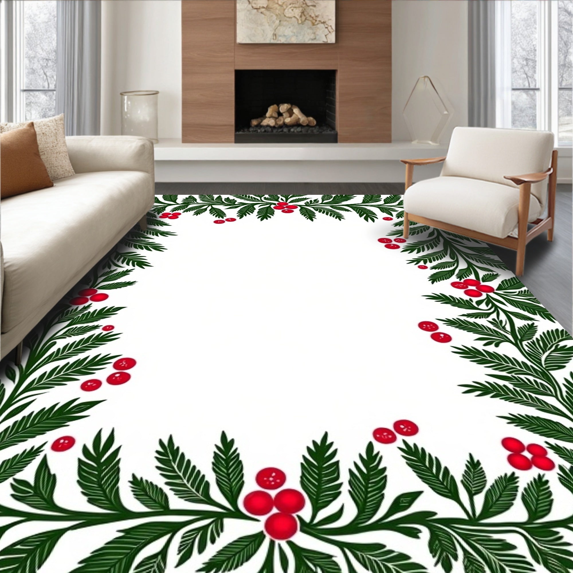Green Holly Berries Garland Rug