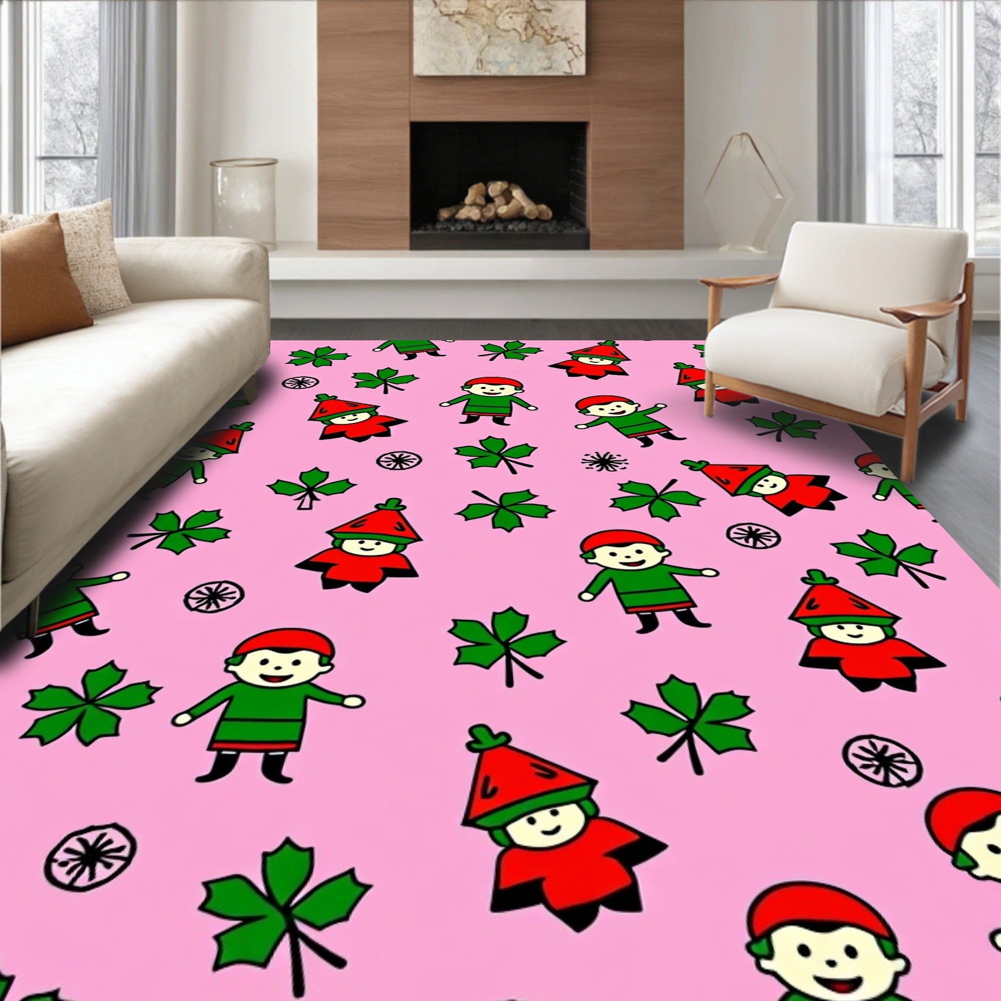 Pink Ground Playful Gnomes Leaf Scatter Rug