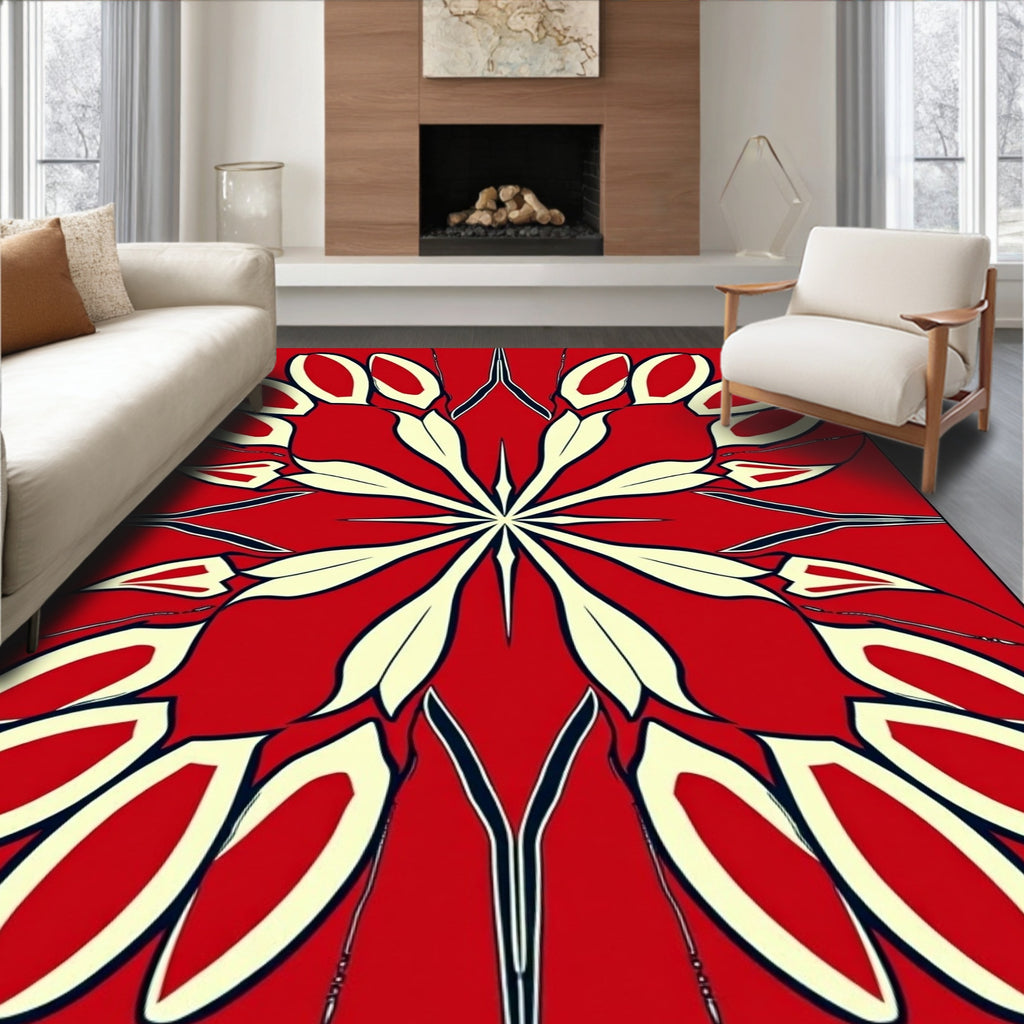 Bold Red Floral Symmetry Rug