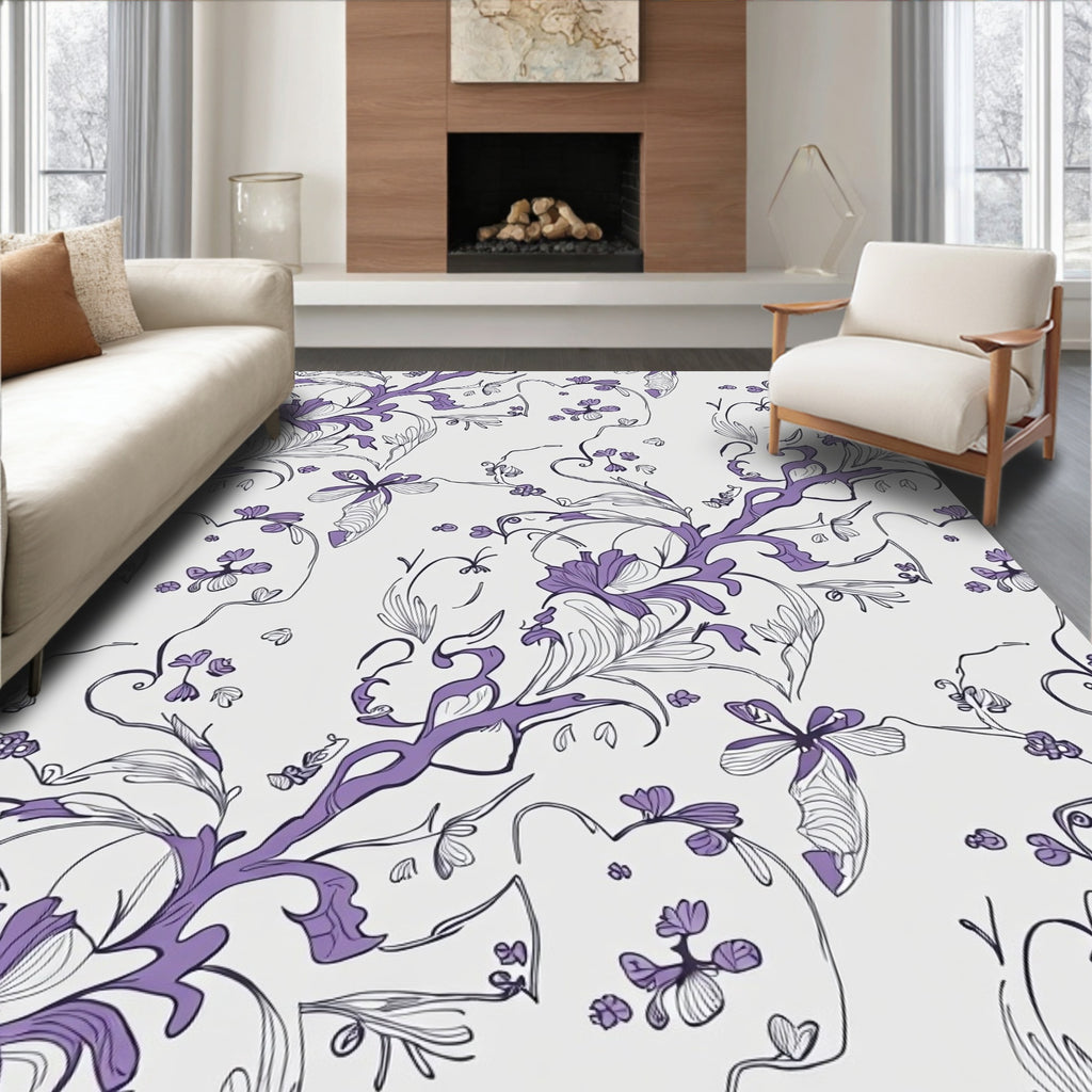 Elegant Purple Floral Line Drawing Rug