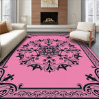 Ornate Pink Black Floral Mandala Design Rug