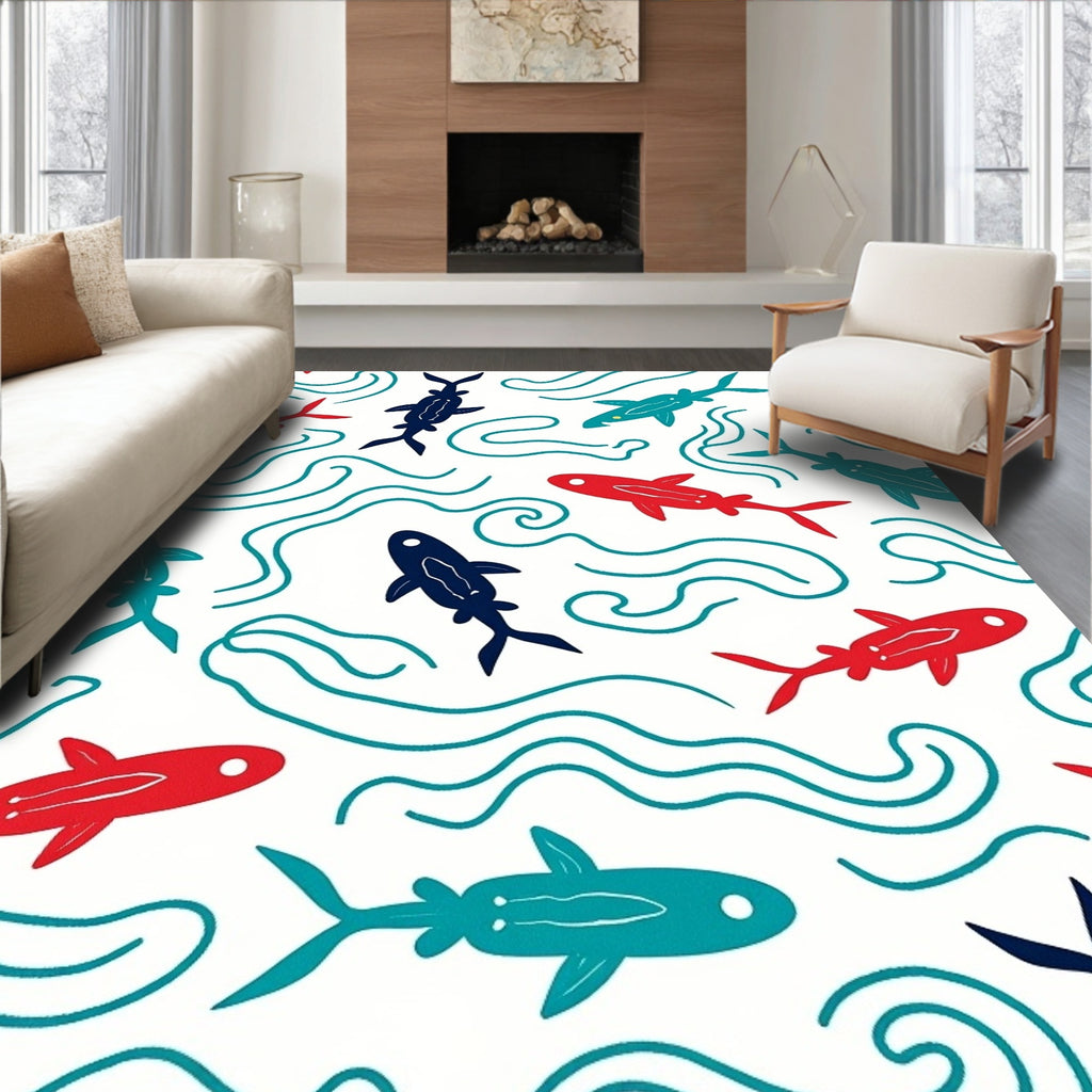 Colorful Fish and Waves Pattern Rug