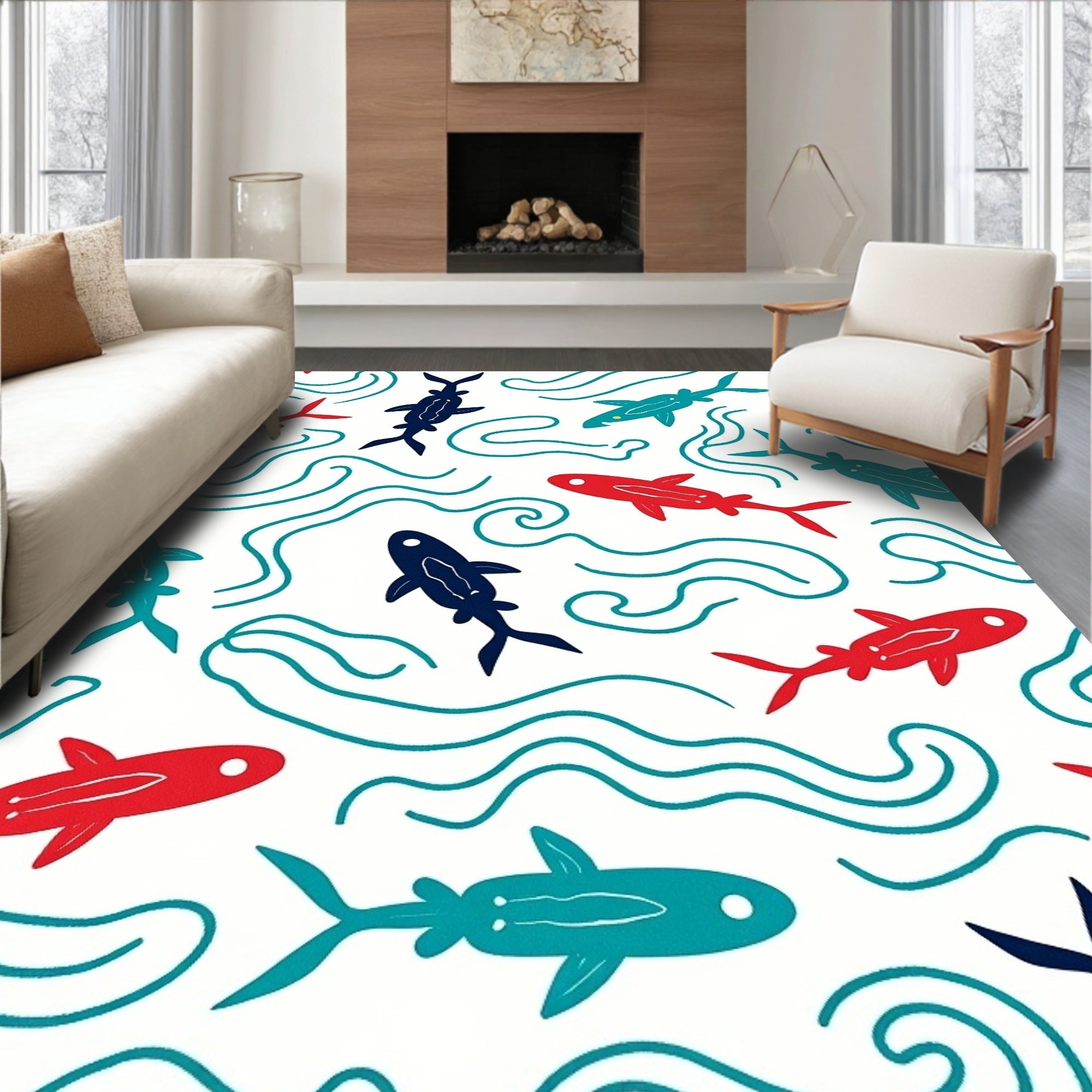 Colorful Fish and Waves Pattern Rug