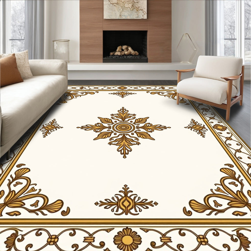 Elegant Tan Floral Scrollwork Rug