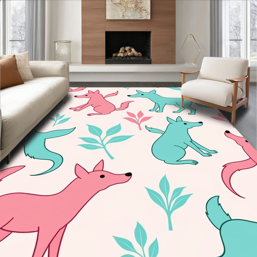 Cute Pink Teal Animals Pattern Design Rug