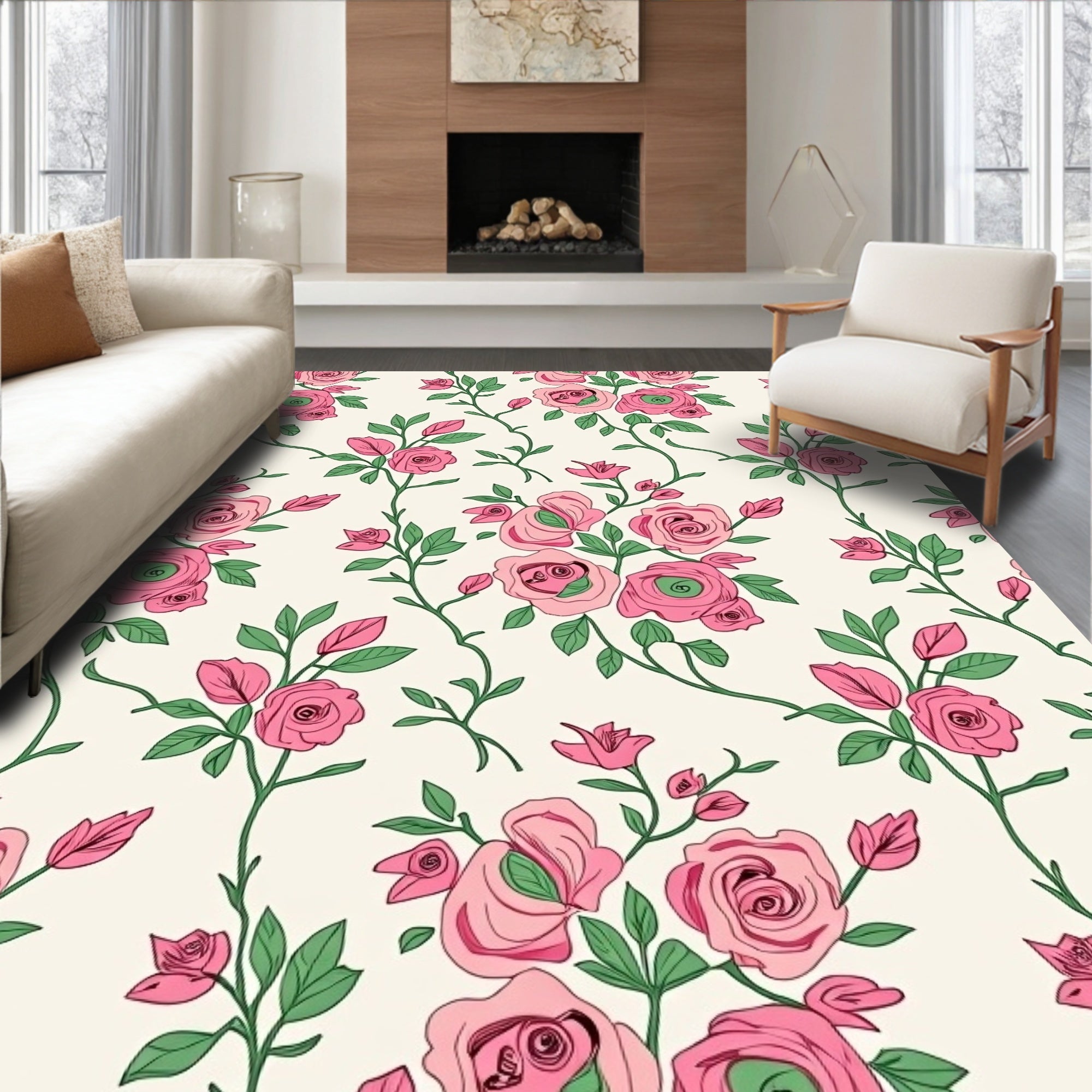 Charming Pink Rose Vine Pattern Rug