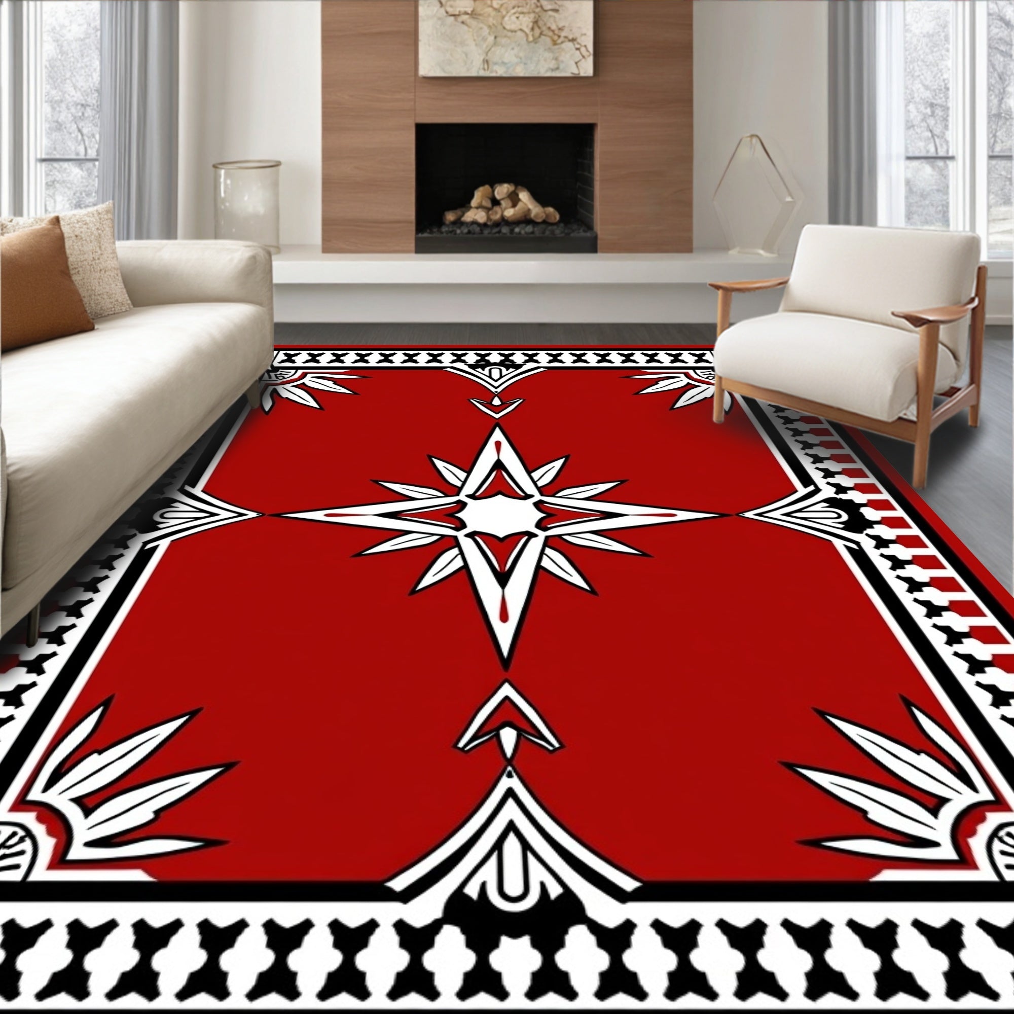 Bold Red Star Burst Geometric Pattern Rug