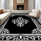 Ornate Black and White Floral Scroll Rug