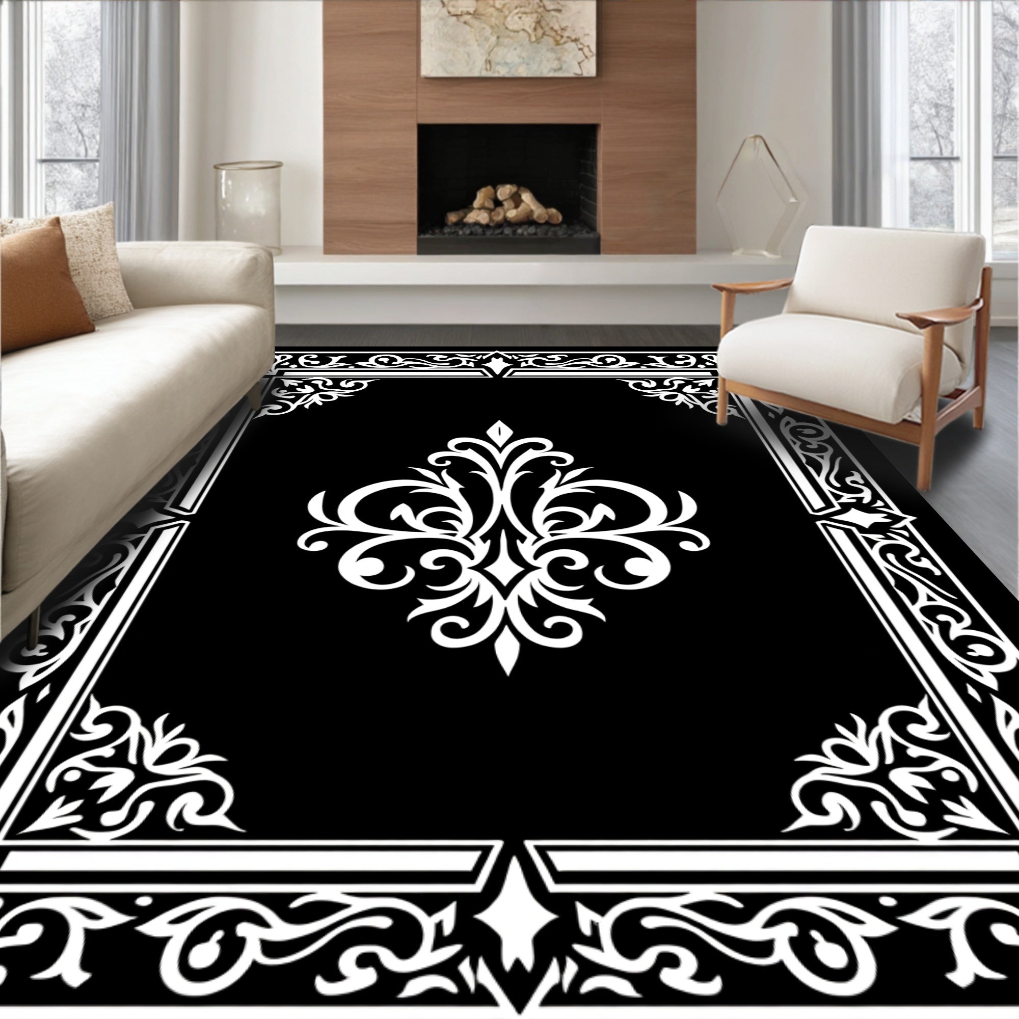 Ornate Black and White Floral Scroll Rug