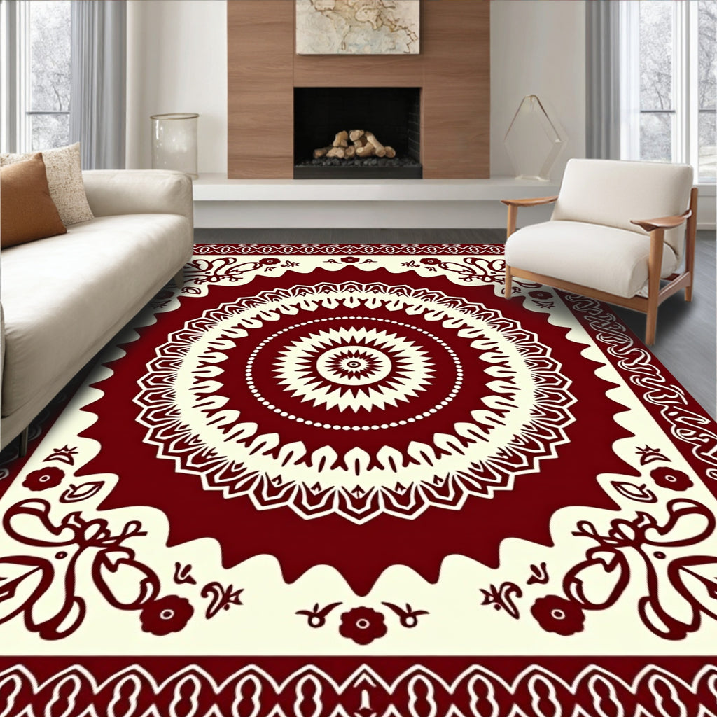 Intricate Burgundy Mandala Floral Design Rug