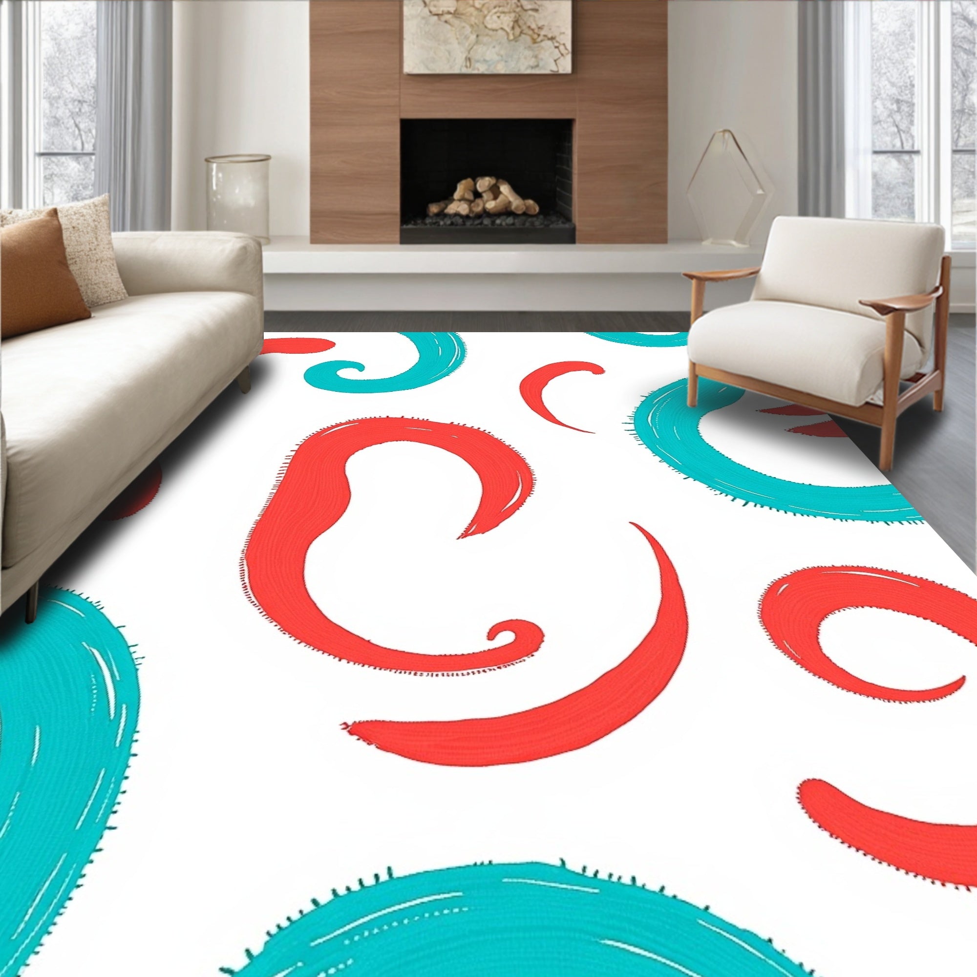 Coral Teal Swirl Whimsical Pattern Rug