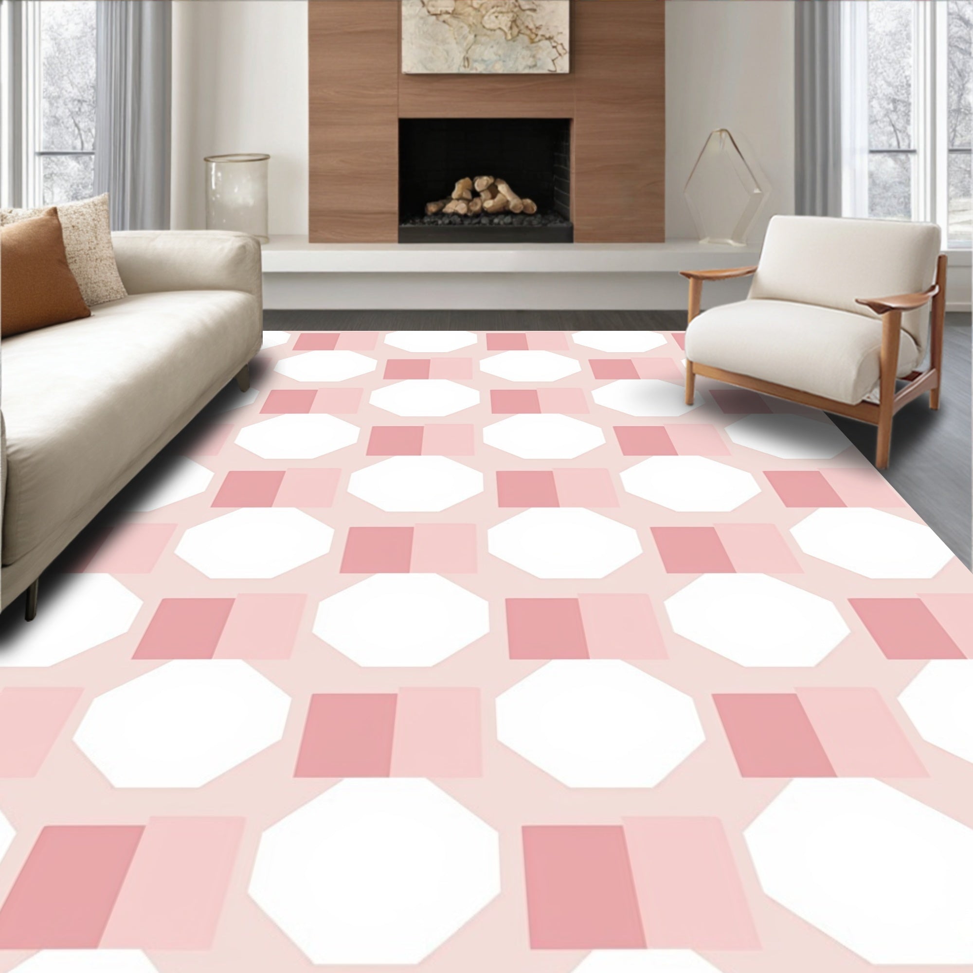 Soft Pink Geometric Octagon Pattern Rug