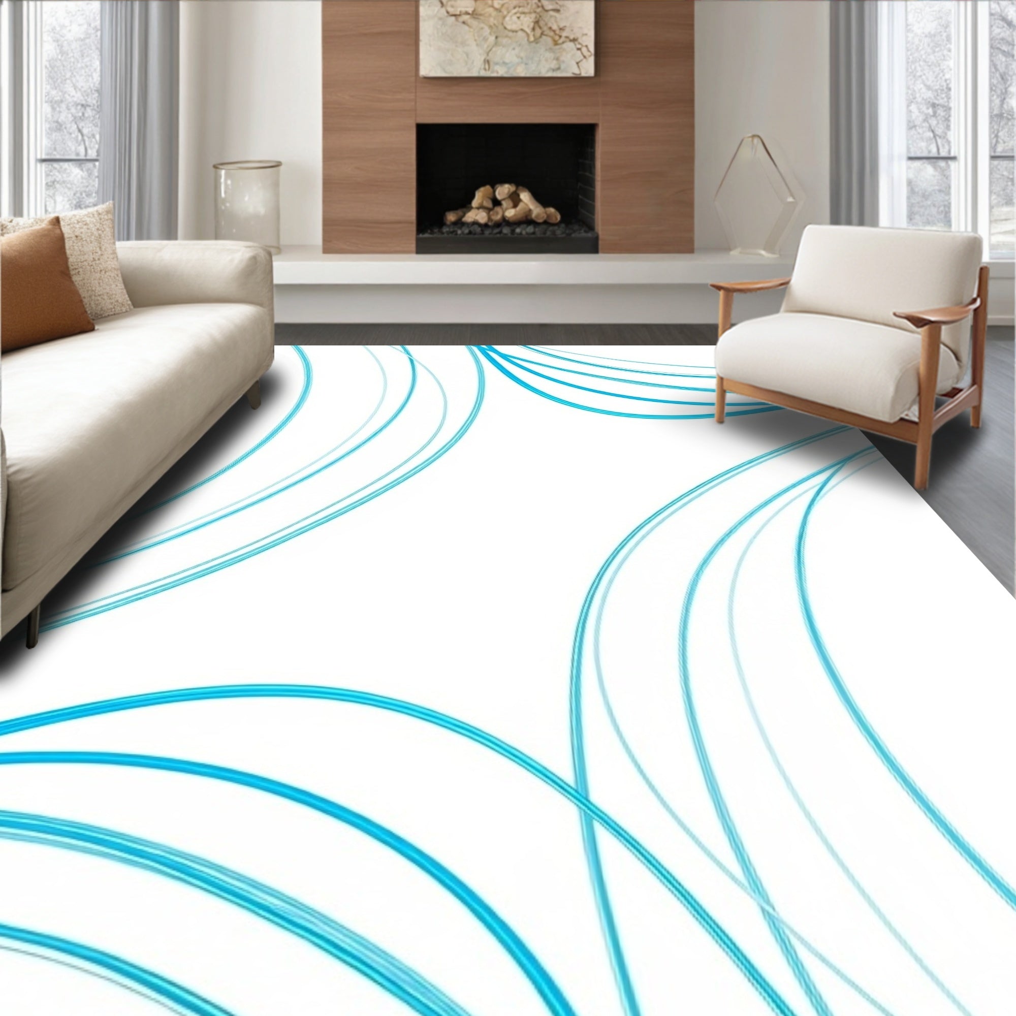 Aqua Swirl Curve Ribbon Composition Rug
