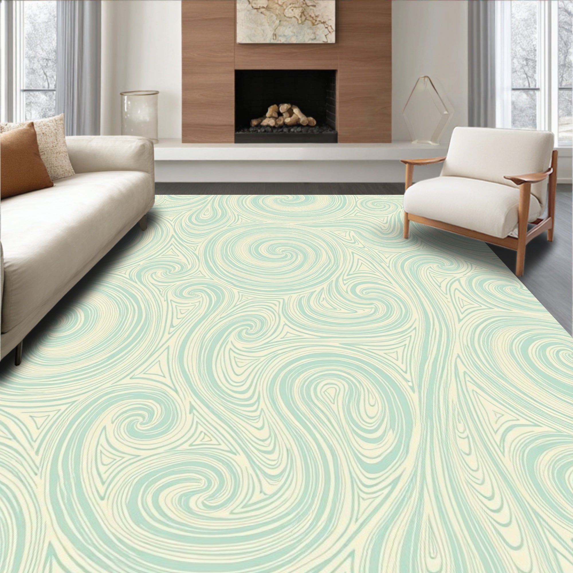 Abstract Swirls Cream Teal Pattern Rug