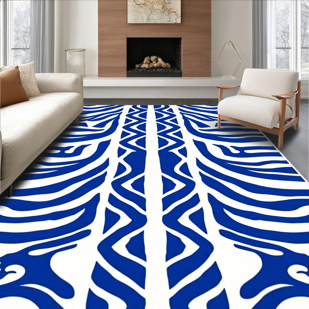 Bold Blue White Abstract Stripe Rug