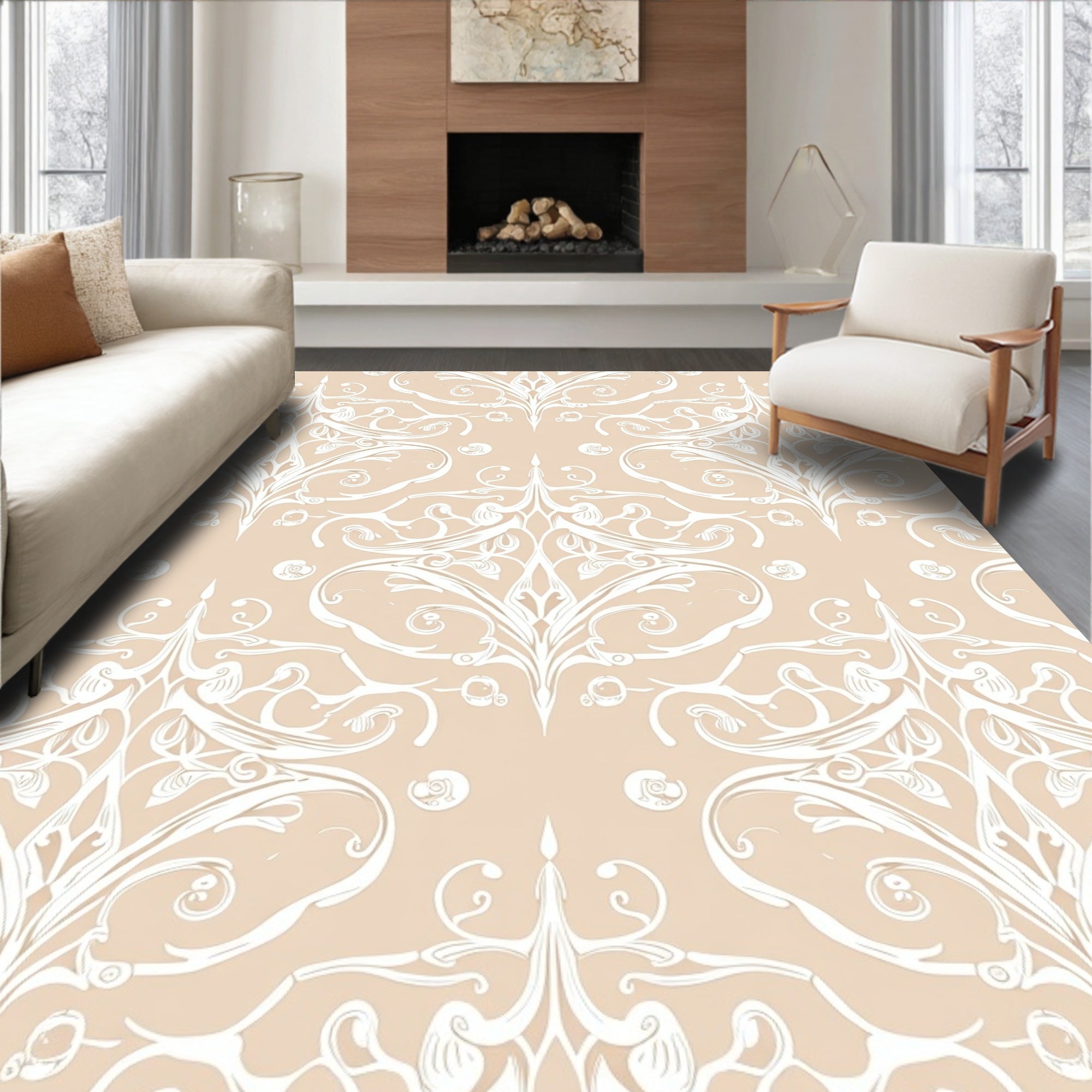 White Filigree Damask On Beige Rug