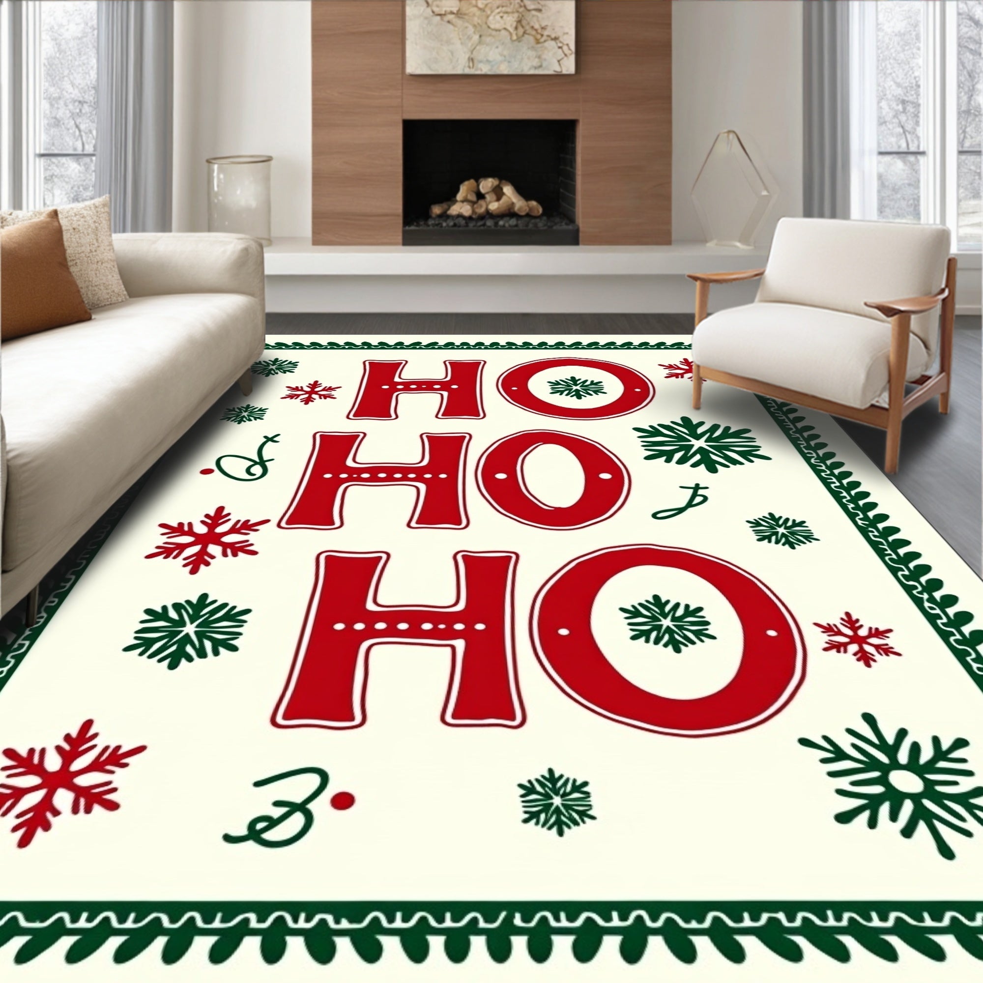Festive Red Green Snowflake Ho Ho Ho Rug